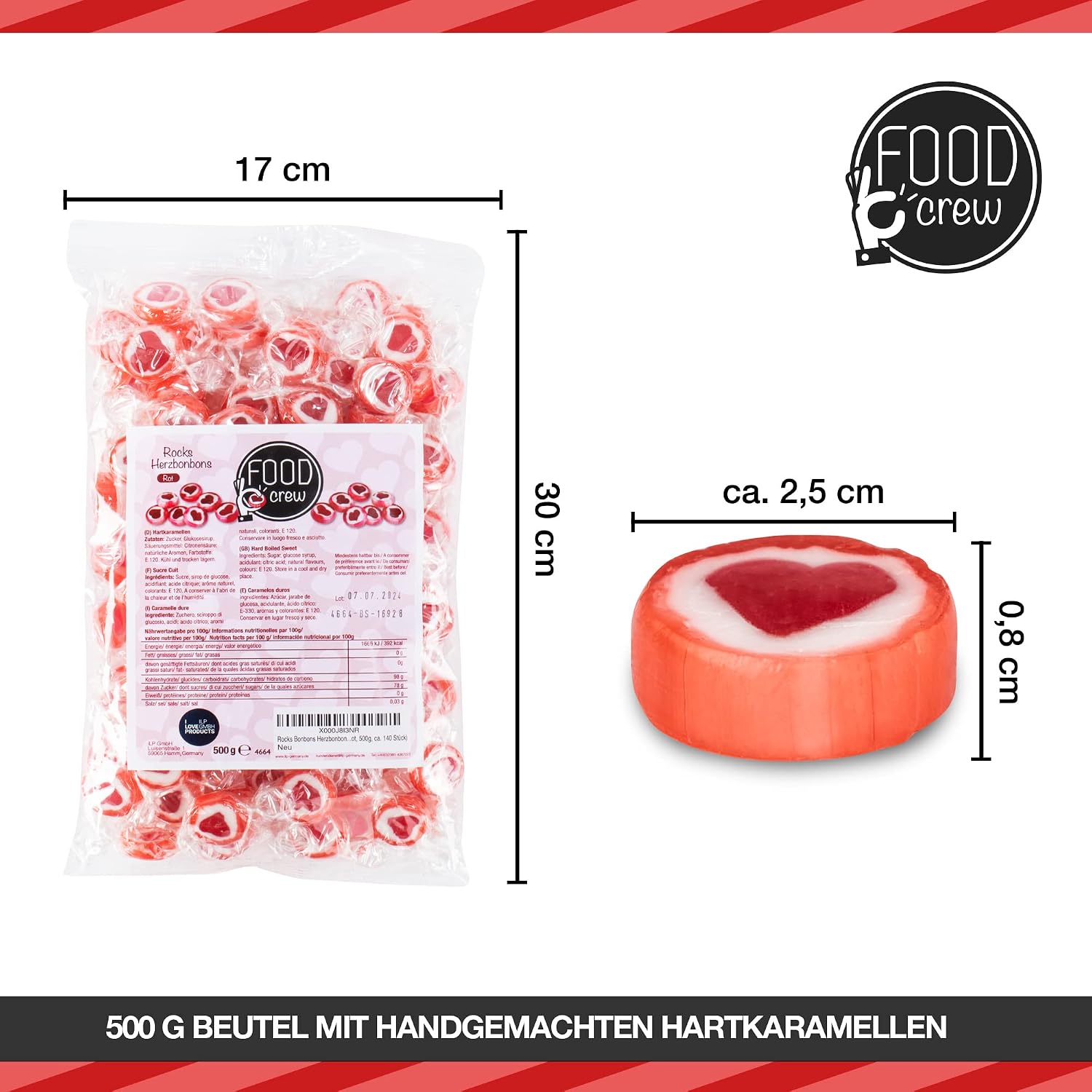Detalle de Rote Herzbonbons FOOD crew 500 g, einzeln verpackt – Herzbonbons für Candy Bar & Gastgeschenke