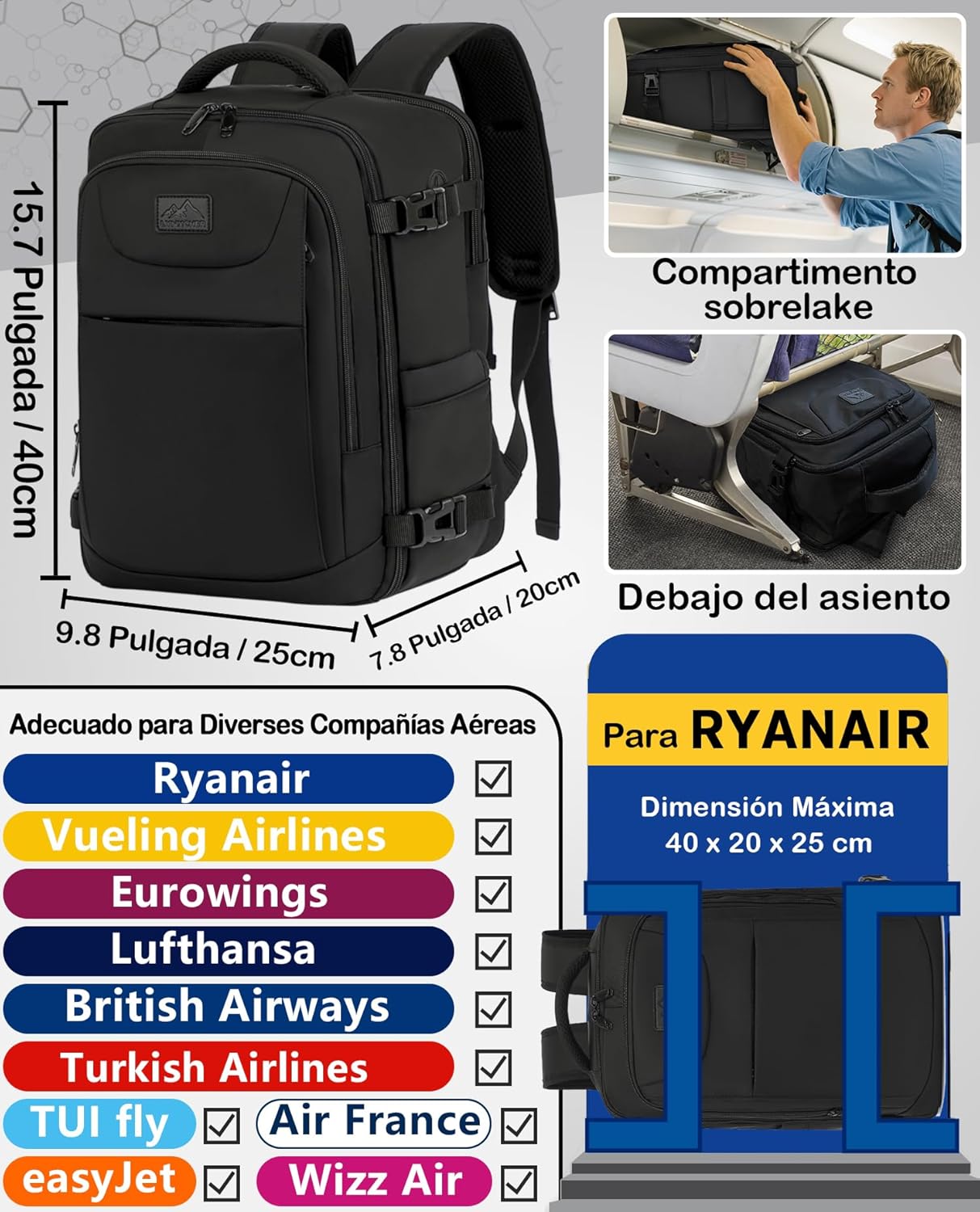 Thumbnail 1 de LYNXCHER Mochila Viaje Cabina 20L para Ryanair