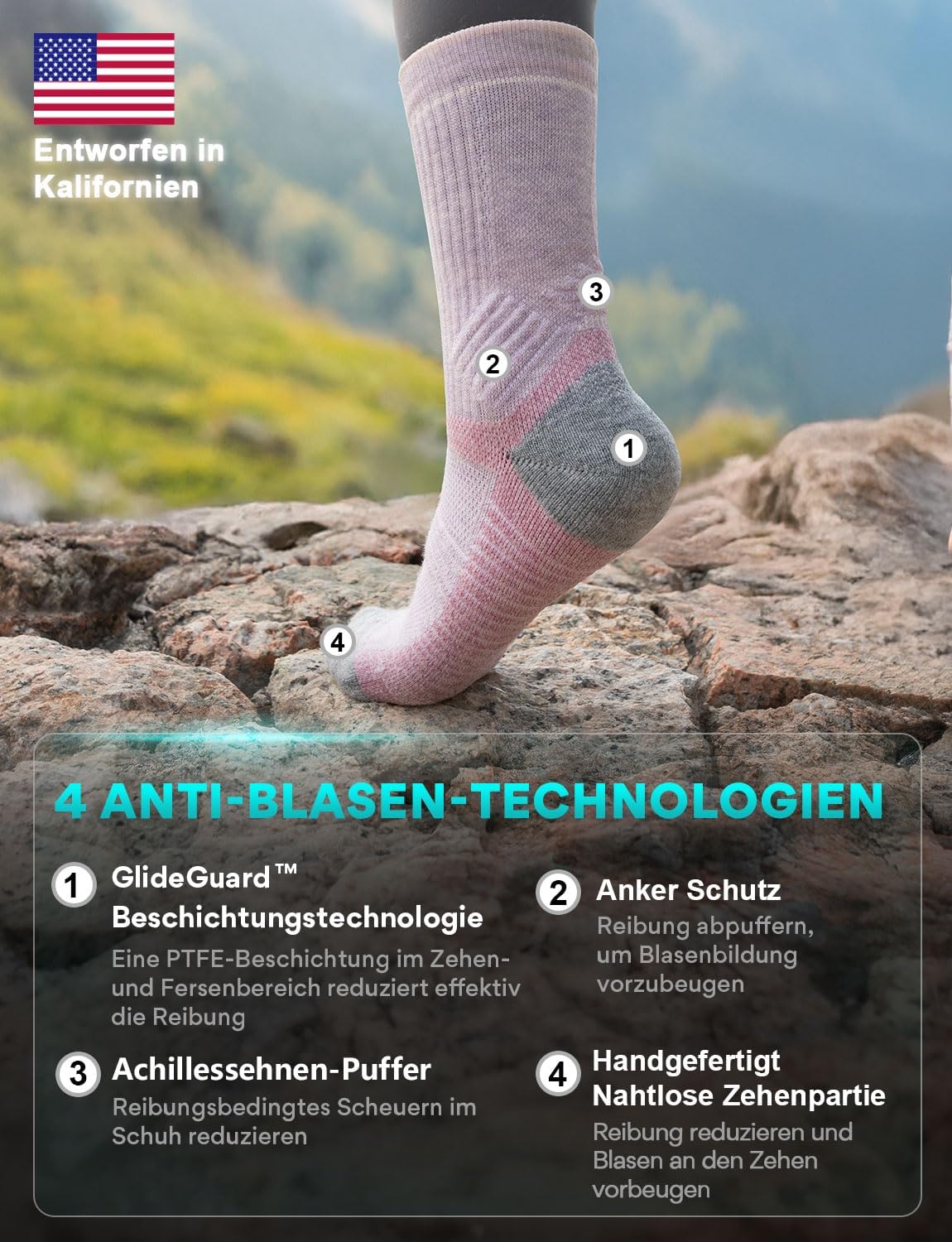 Detalle 2 de Juclise Sommer Merinowolle Wandersocken für Damen mit Kompression und Anti-Blasen-Polsterung