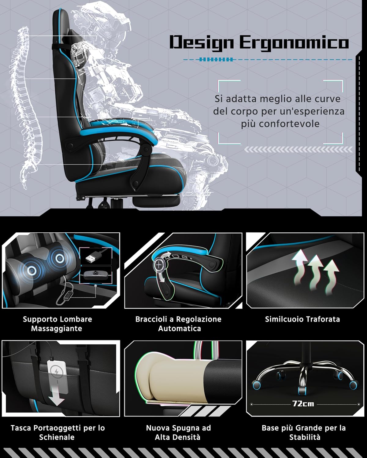 Detalle de Yaheetech sedia gaming ergonomica massaggiante reclinabile con poggiapiedi e supporto lombare, grigio
