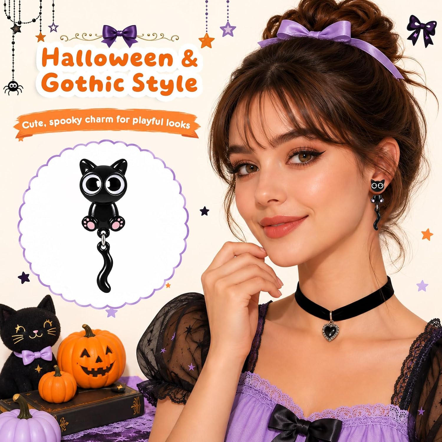 Detalle 2 de Black Cat Earrings with Silver-Plated Copper Posts
