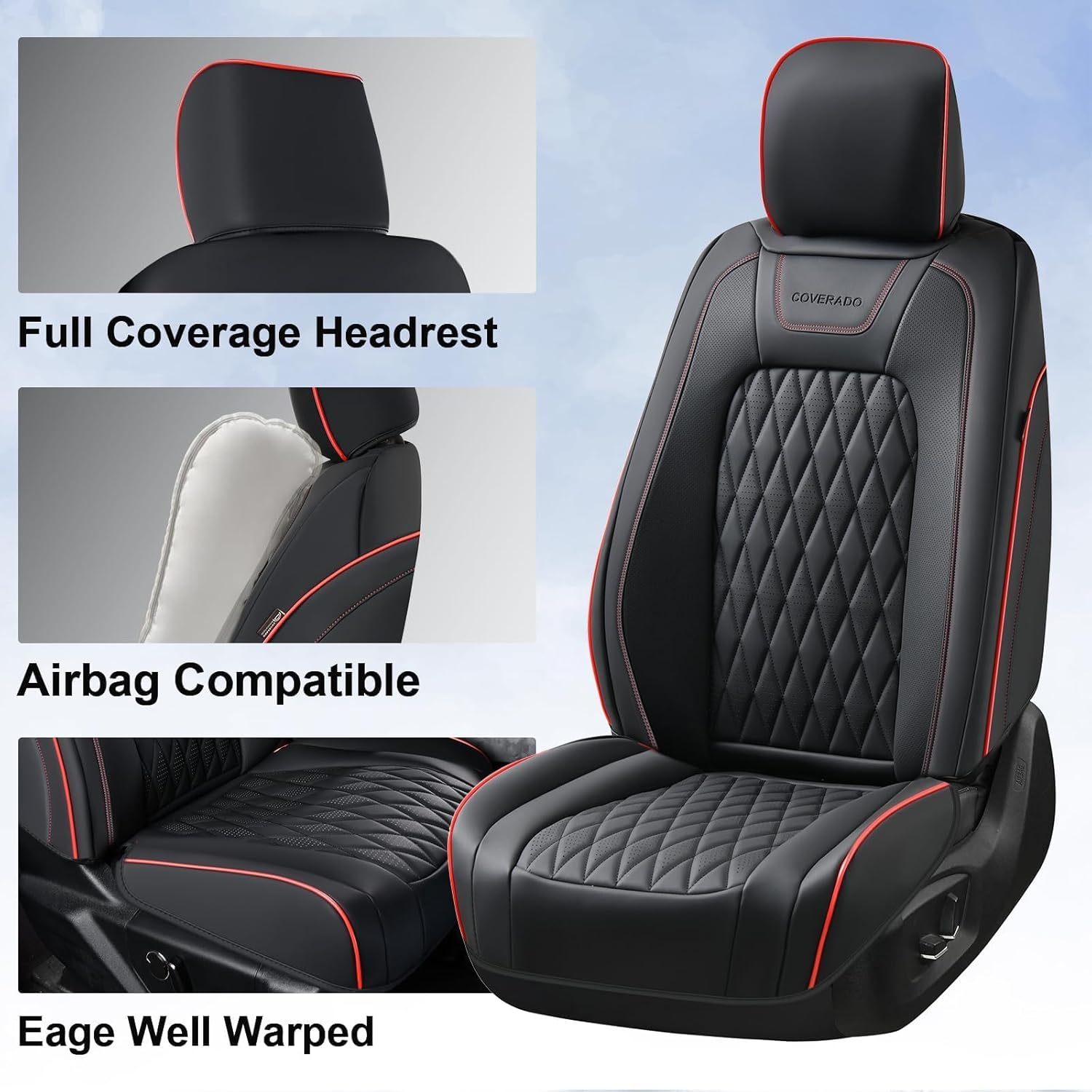 Detalle 2 de Coverado Leather Seat Covers Full Set for Ford F-150 F-250 F-350 F-450 (Black) — Crew Cab Only, Waterproof, Heated/Cooled Compatible