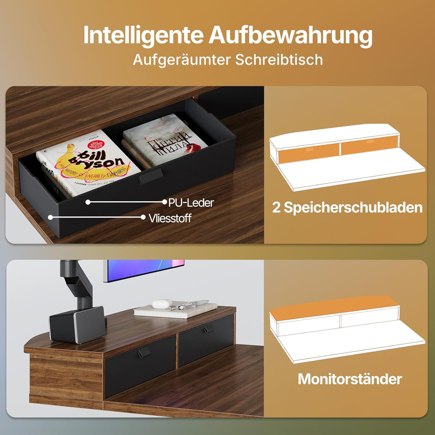 Thumbnail 5 de HUANUO Höhenverstellbarer Schreibtisch 80x53 cm mit Schubladen – 4 Gedächtnis-Höheneinstellungen, C-Klemme kompatibel