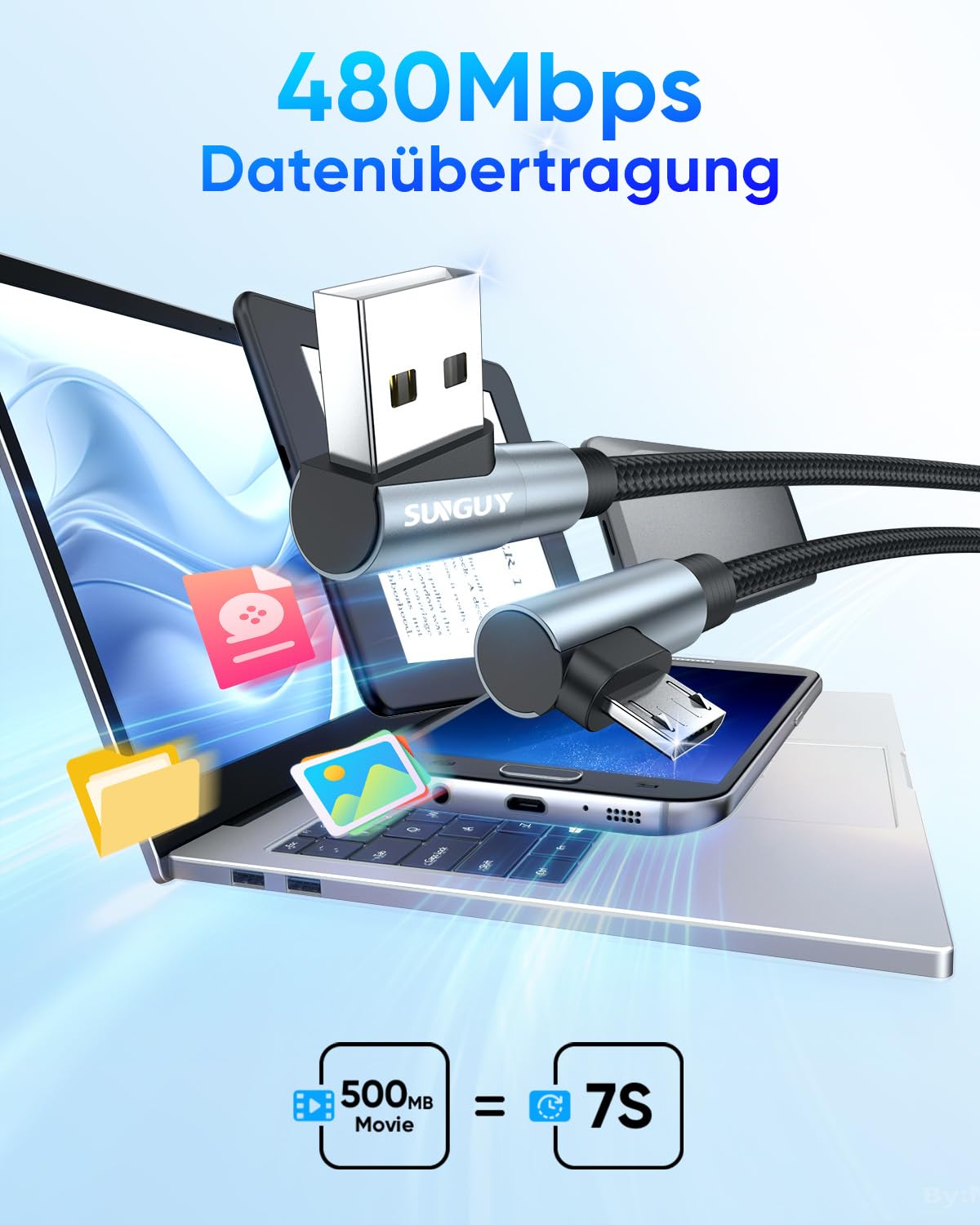 Thumbnail 6 de SUNGUY Micro-USB-Kabel 90° Winkel, 2er-Pack, 15 cm – nylon-geflochten, USB 2.0