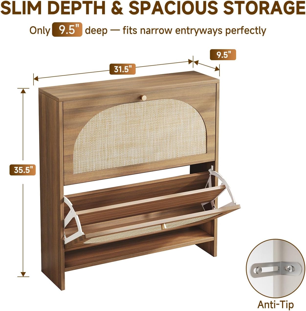 Detalle 2 de Nicetree 2-280CH Rattan Shoe Cabinet, 9.5" Slim, 2 Flip Drawers