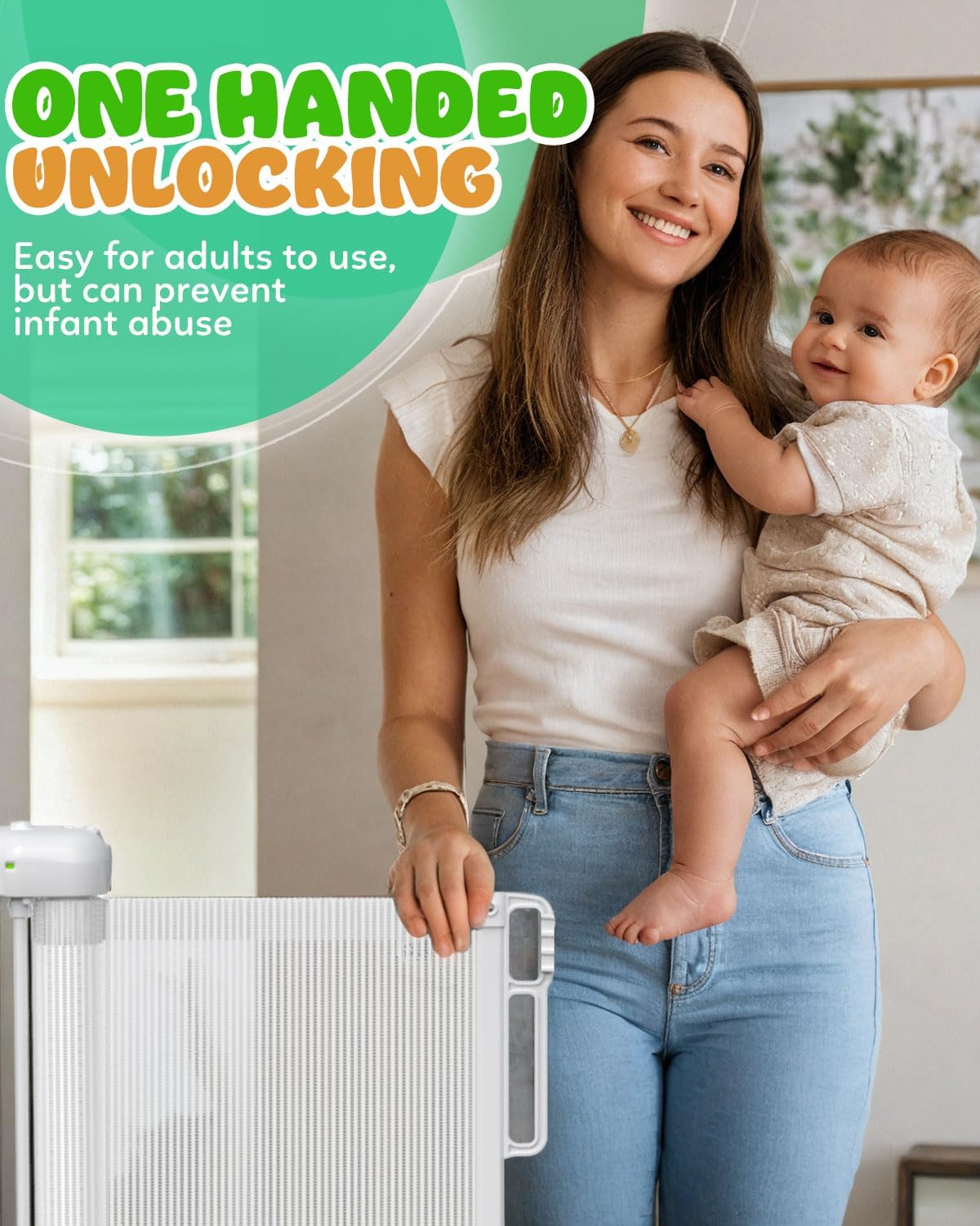 Detalle de Retractable Stair Gate for Baby with Double Lock, 140 cm Wide, One-Handed Operation