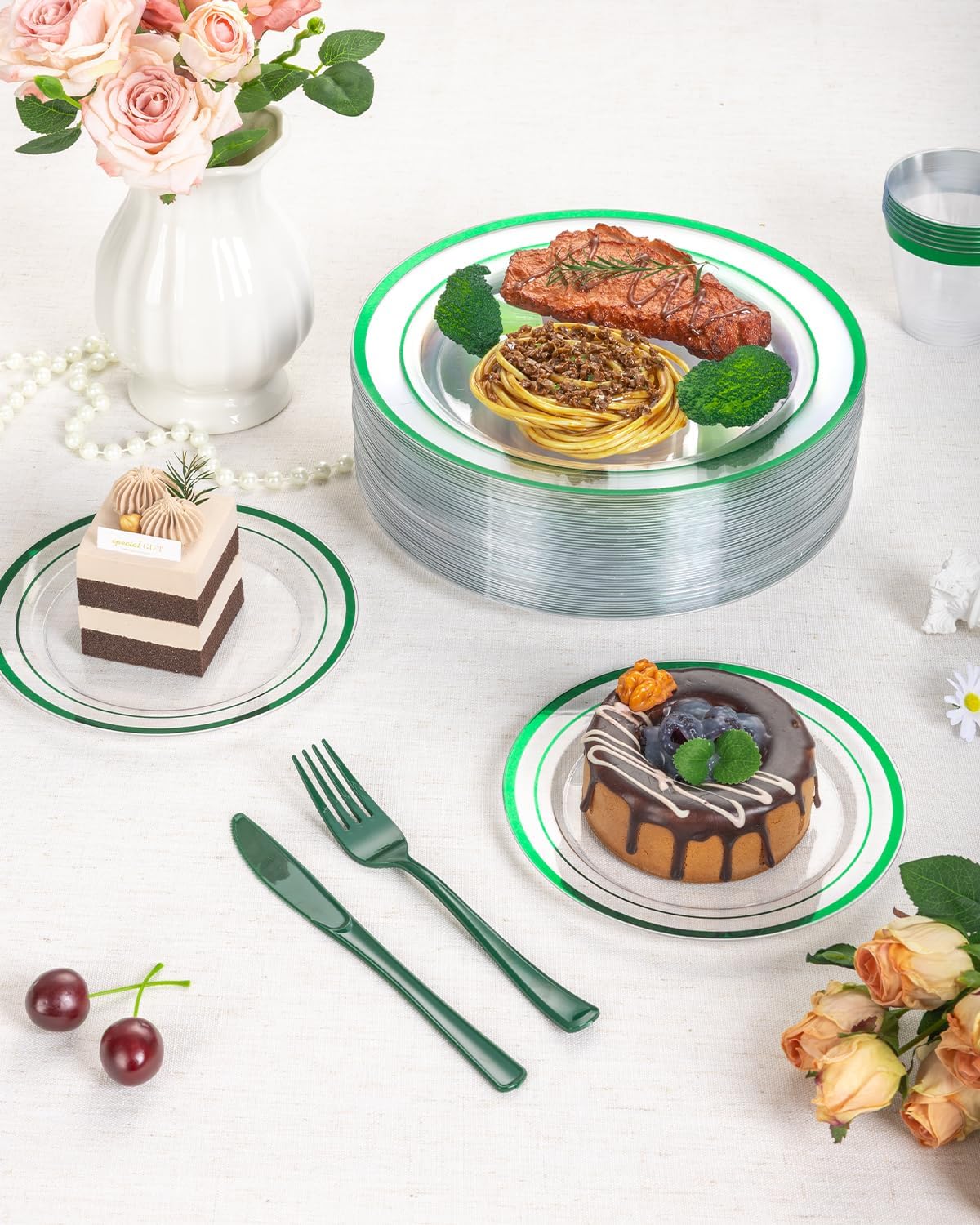 Detalle de Goodluck 350-Pcs Clear Green Disposable Dinnerware Set
