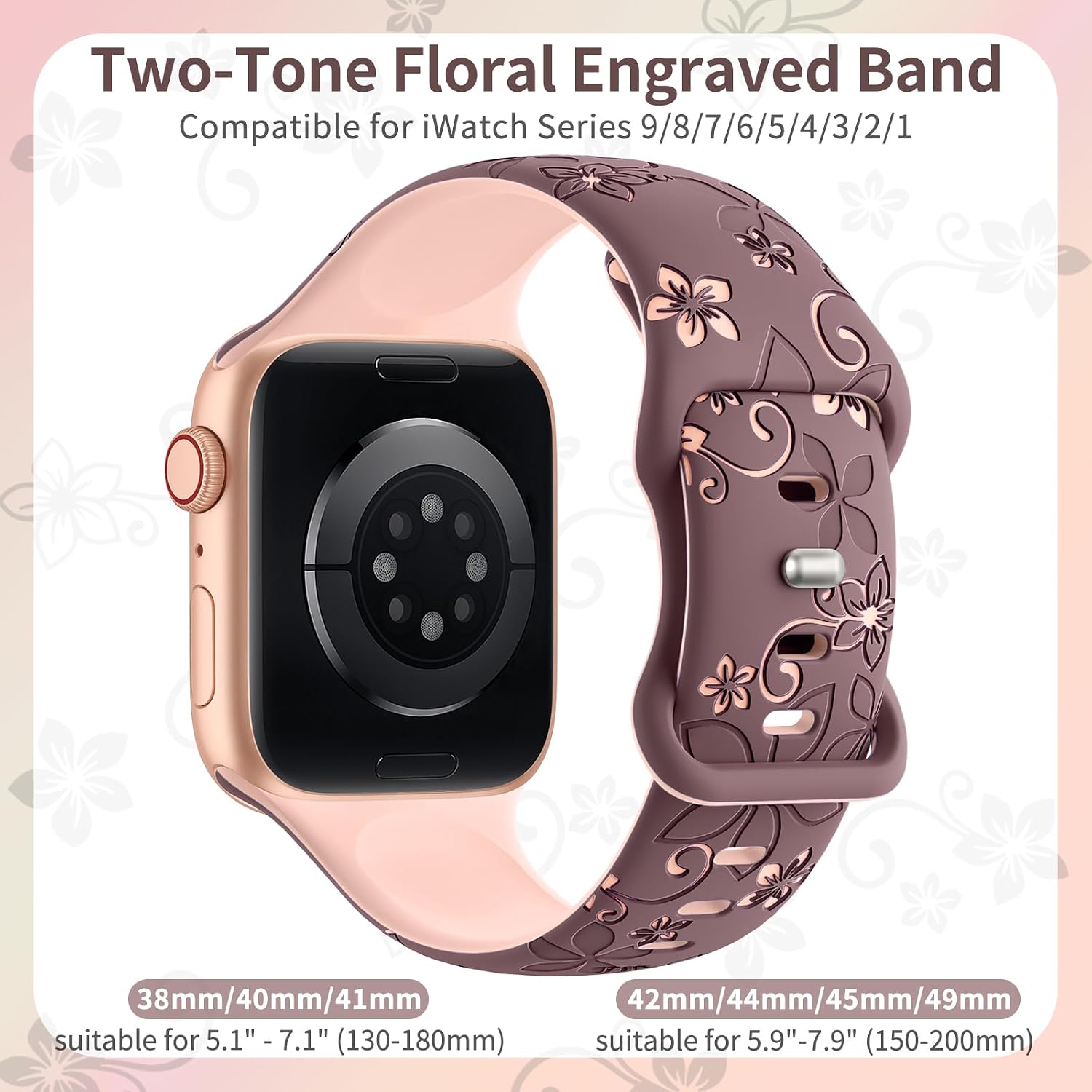 Thumbnail 1 de Floral Engraved Soft Silicone Strap for Apple Watch (38mm–49mm) – Two-Tone Flower Band