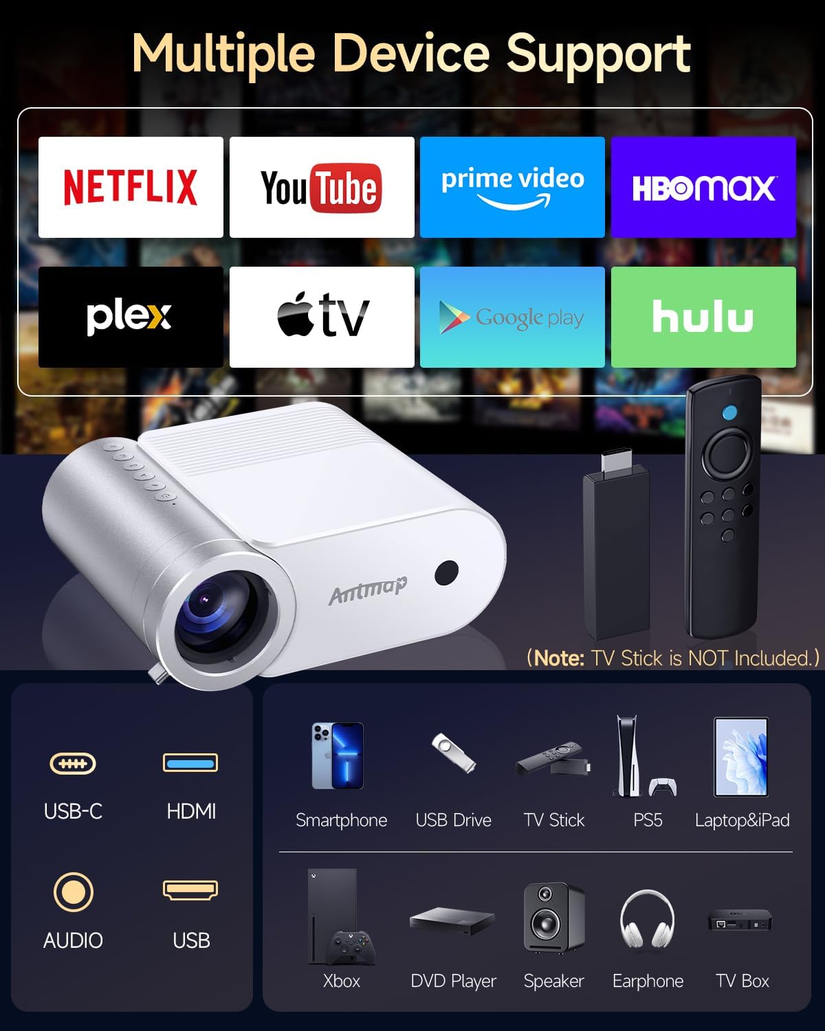 Detalle 2 de Mini Projector With WiFi 6 and Bluetooth 5.4: 400 ANSI Portable 1080P, 200" Display