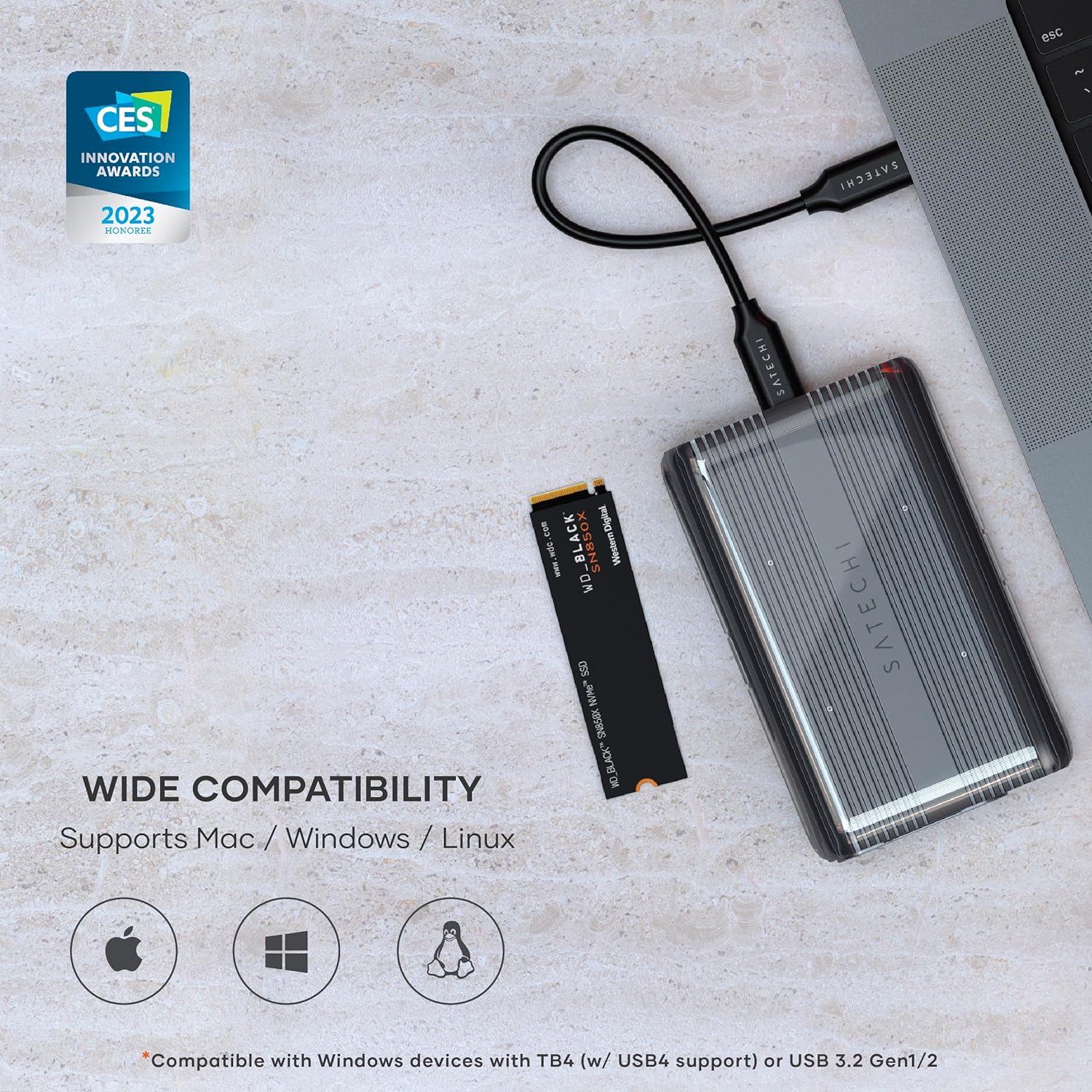 Detalle de SATECHI Custodia SSD M.2 NVMe Pro USB4 40Gbps con dissipatore termico (compatibile 2280/2260/2242/2230, SSD non incluso)