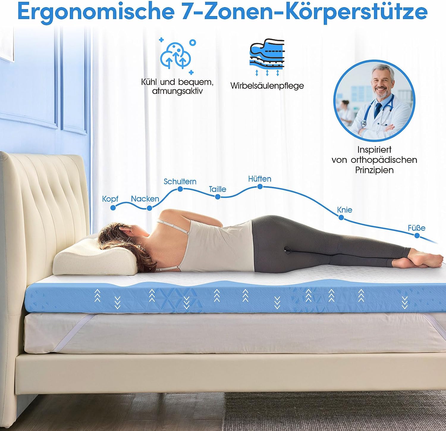 Detalle de Grbsy Topper 180x200cm H5/H6 Hart – 7 cm Memory-Schaum mit Gel & Bambuskohle, 3D-Tencel-Bezug, 360-Nächte Probeschlaf