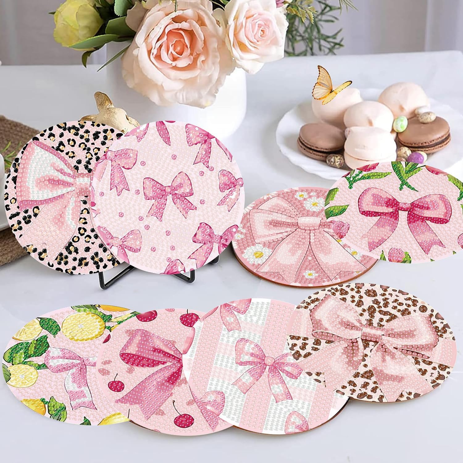 Detalle 1 de HHMATITS GMZS-182 Pink Bow Diamond Art Coaster Kit, 8-Piece Wooden Set