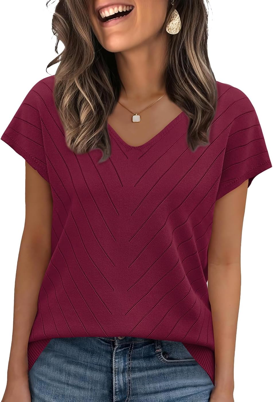 Detalle de WIHOLL Short Sleeve V-Neck Sweater for Women