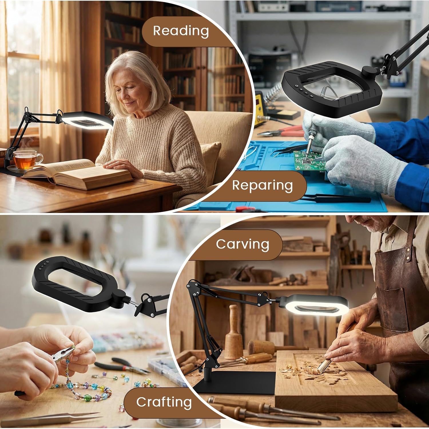 Thumbnail 4 de Magnifying glass with light and stand for reading – 12x USB-powered desk magnifier for crafts