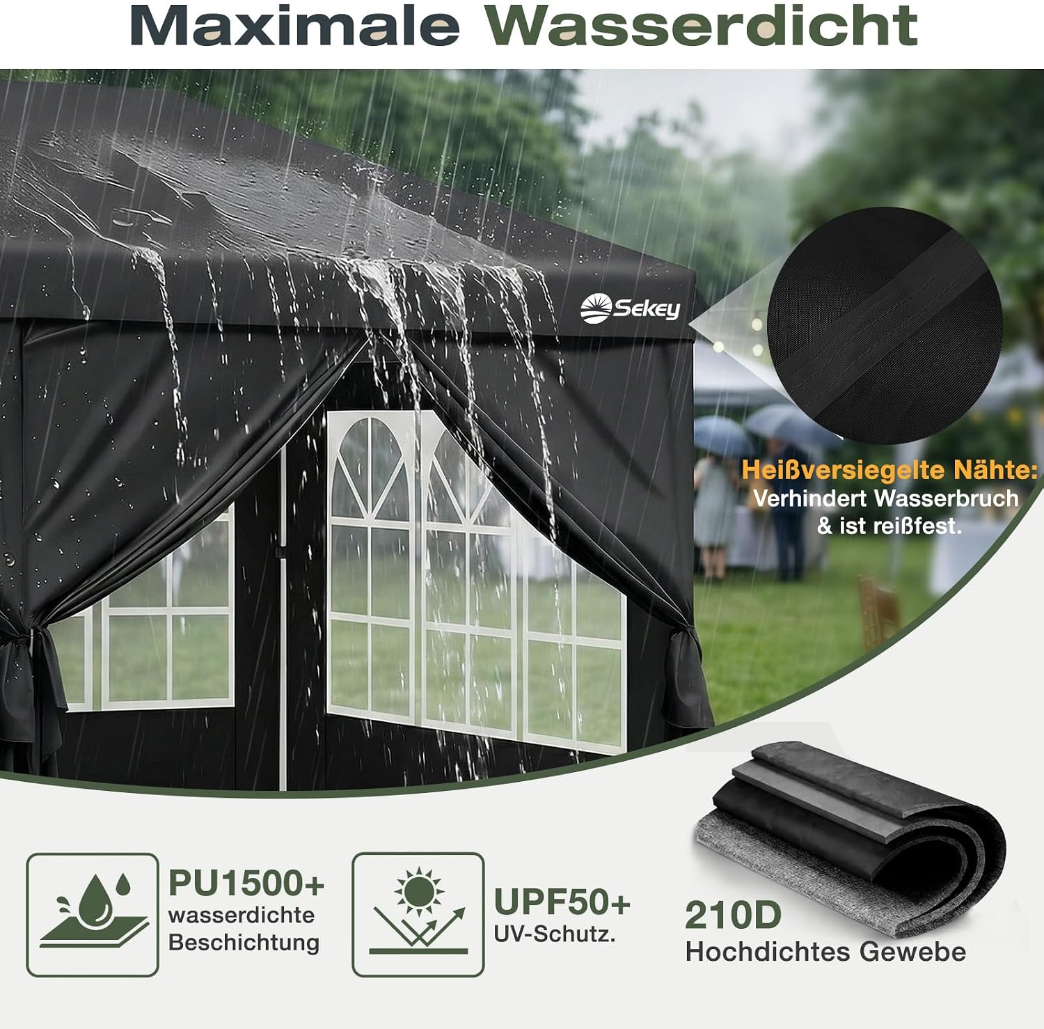 Detalle de Sekey One-Touch Pop Up Pavillon 3x6m mit Seitenwänden – Wasserdicht & Windfest, inkl. Sandsäcke und Tragetasche