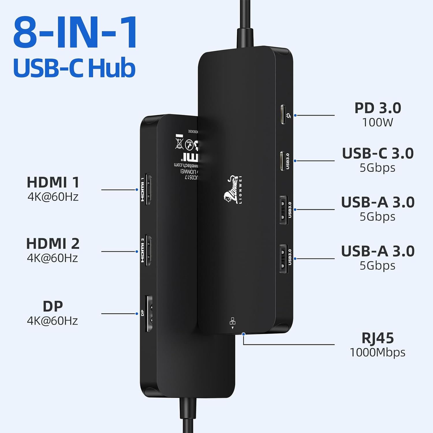 Thumbnail 1 de USB-C Docking Station Dual Monitor 8 in 1: 2x HDMI/1x DisplayPort, 100 W PD, Gigabit Ethernet