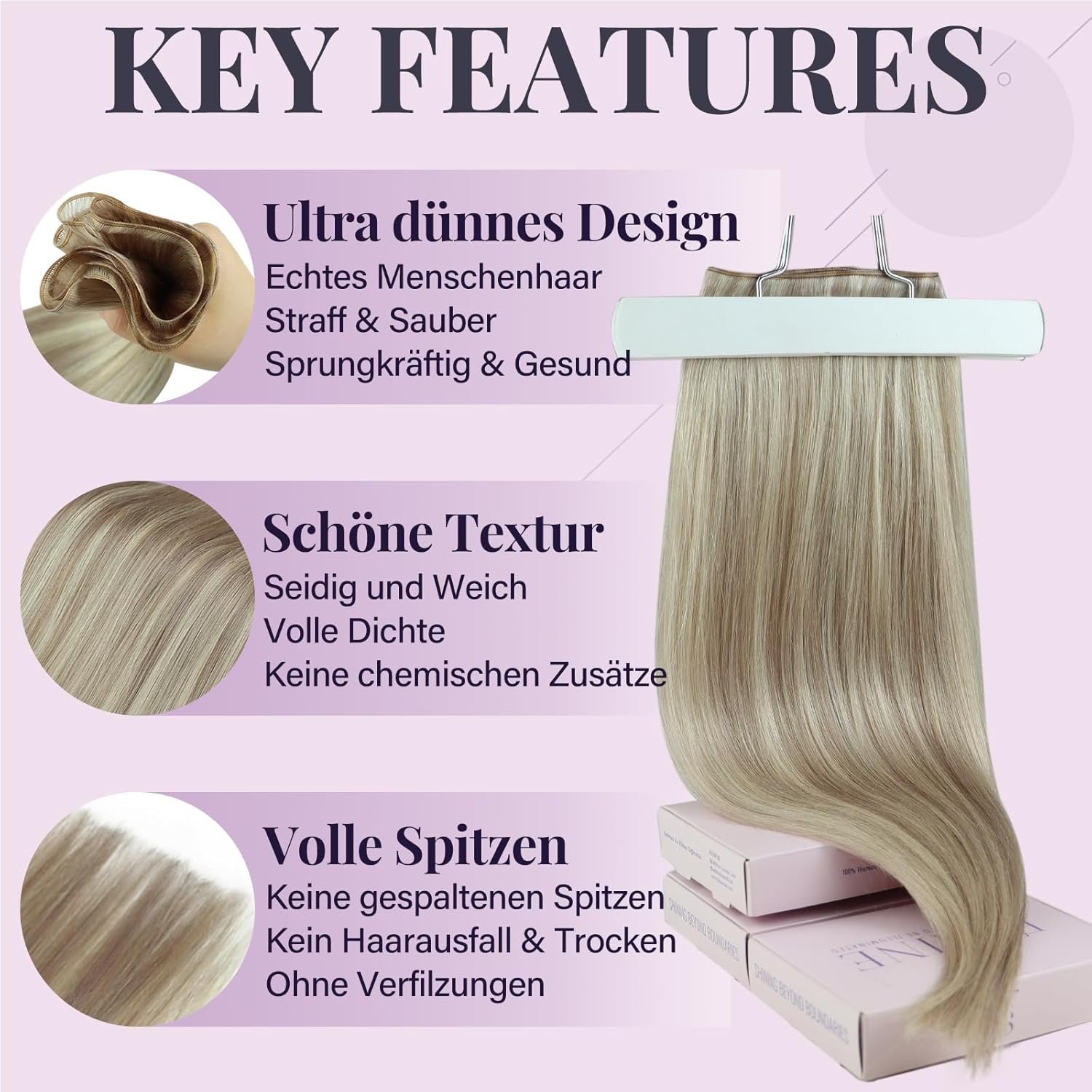 Thumbnail 3 de Fshine Echthaar Tressen zum Einnähen (60 cm, 60 g) – Remy Haar Weft Extensions in Aschblond Highlighted Hellblond