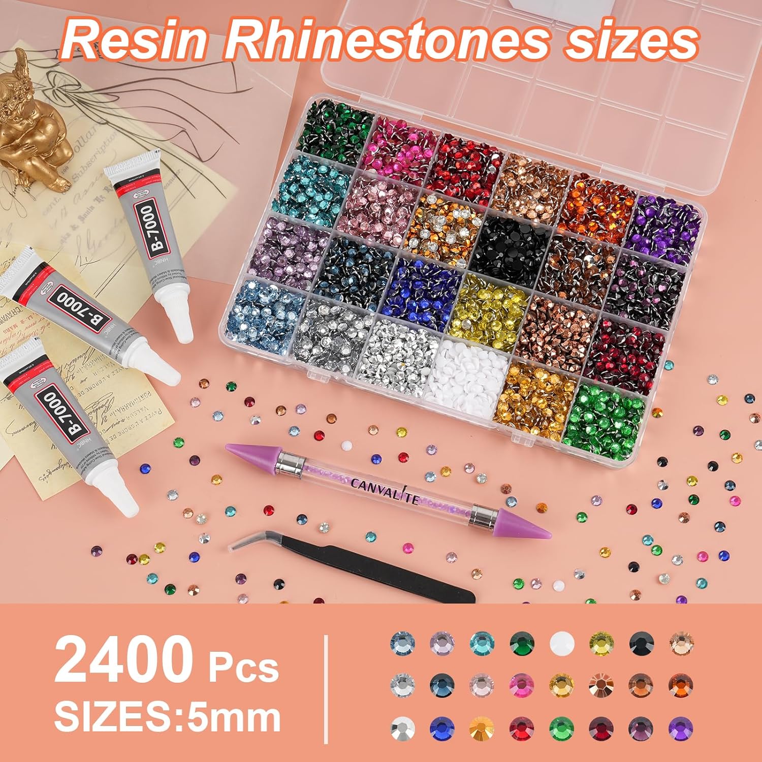 Thumbnail 1 de Canvalite Resin Bedazzling Kit: 24-Color 5mm SS20 Flatback Rhinestones with Glue, Tweezer & Pen for Nails, Clothing & Accessories