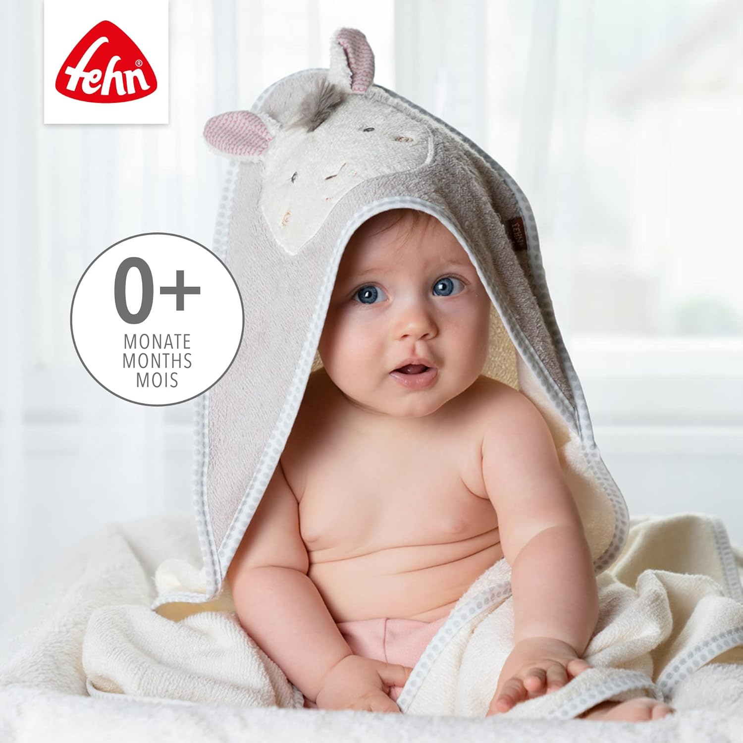 Detalle de Fehn Kapuzenhandtuch Baby Lama – kuscheliges Kapuzen-Tuch für Babyhaut (80 x 80 cm)