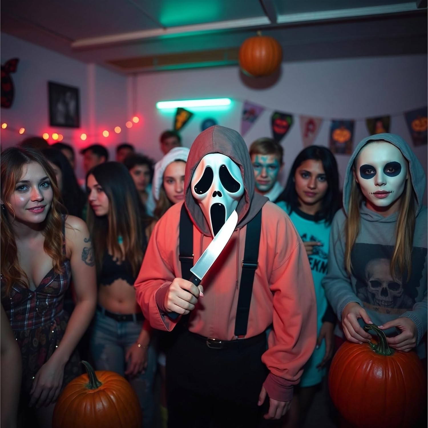 Detalle 2 de TK Gruppe Ghostface-spookmasker met zwarte stof voor Halloween en carnaval