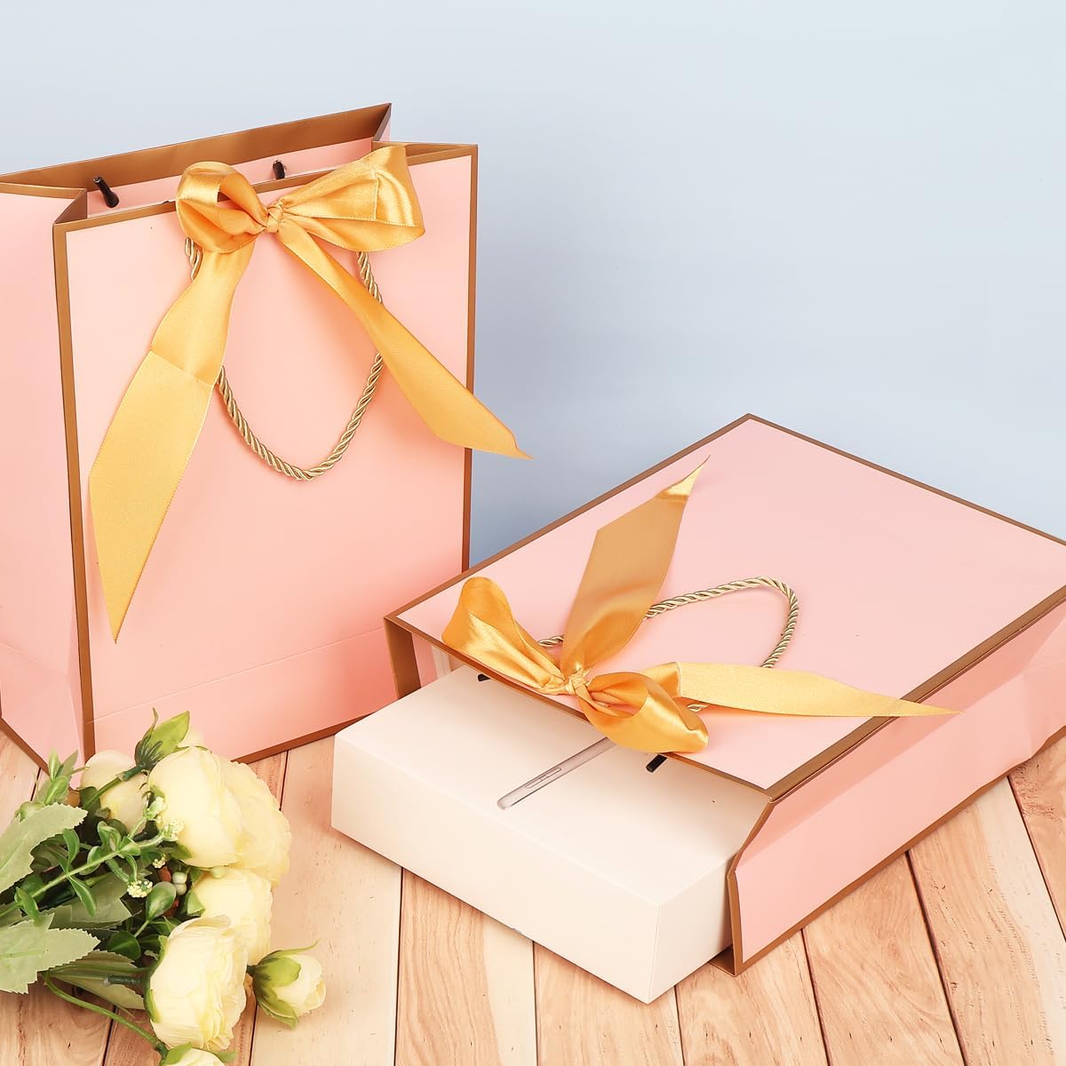 Thumbnail 6 de ZJHiome Gift Bags for Presents (2-pack) – Medium Pink & Gold Paper Gift Bags with Bow, Tissue & Cards