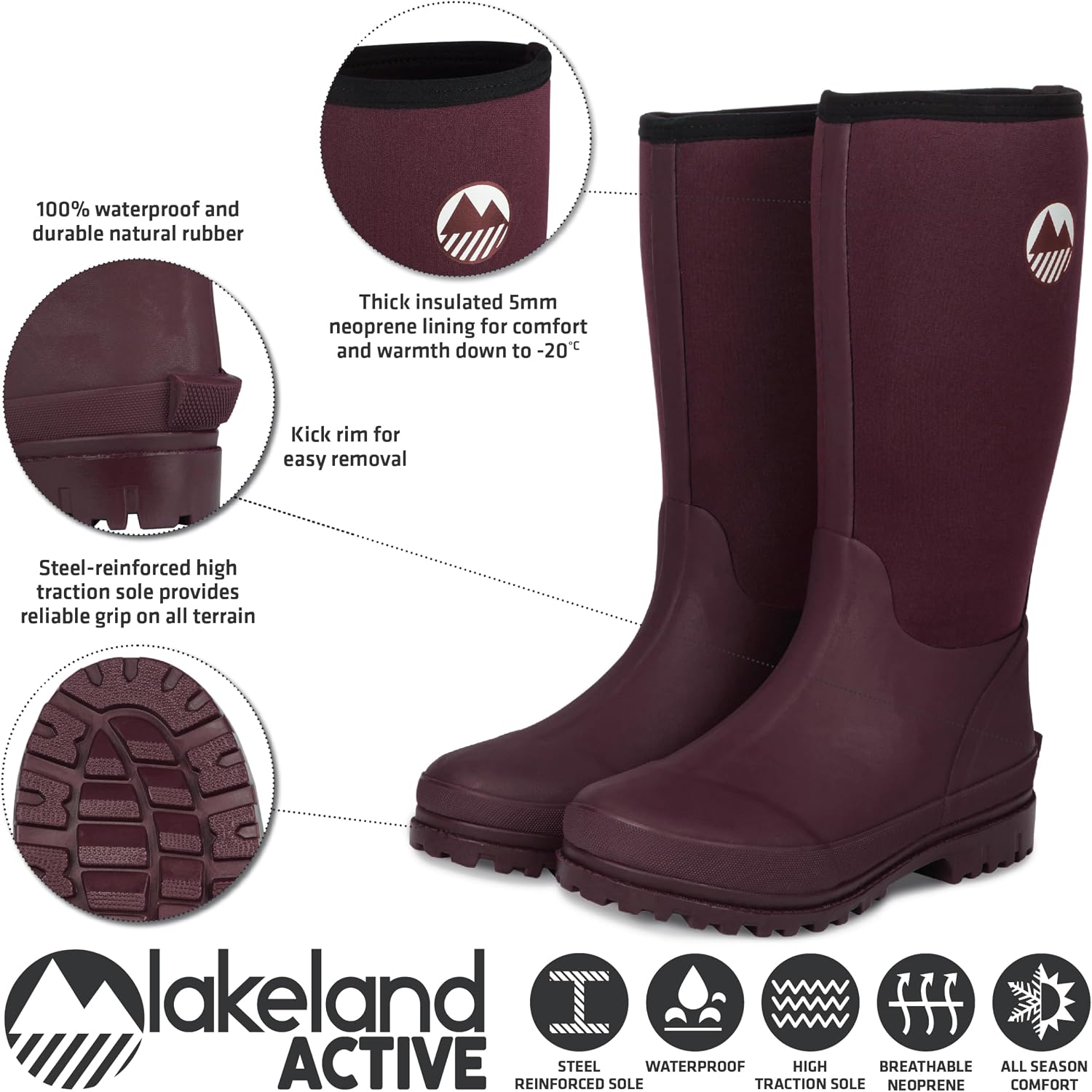 Detalle 2 de Lakeland Active Women's Rydal Neoprene Insulated Rubber Mucker & Yard Wellington Boots Warm Lined Fully Knee High Waterproof Wellies in Black, Moss Green, Navy Blue & Plum
Lakeland Active Women's Rydal Neoprene Insulated…