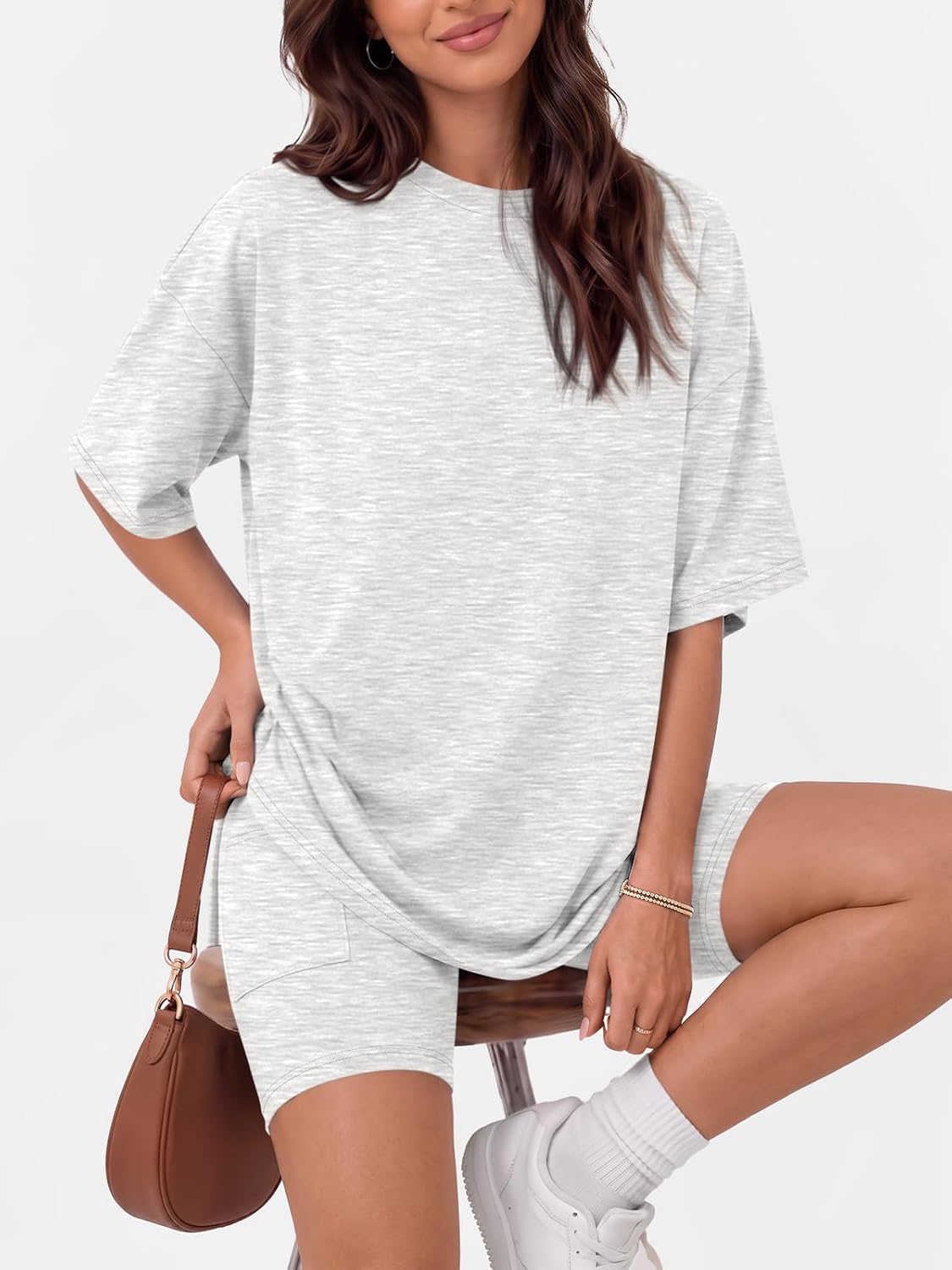 Detalle de LILLUSORY Women’s Lounge Sets: Rayon-Spandex Shorts 2-Piece Pajamas (Relaxed Tee + Biker Shorts)