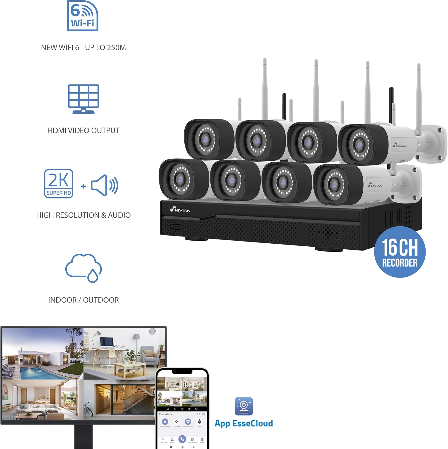 Detalle 2 de NIVIAN Kit videosorveglianza WiFi professionale 2K con 8 telecamere IP, NVR 16 canali e IA per rilevamento umano