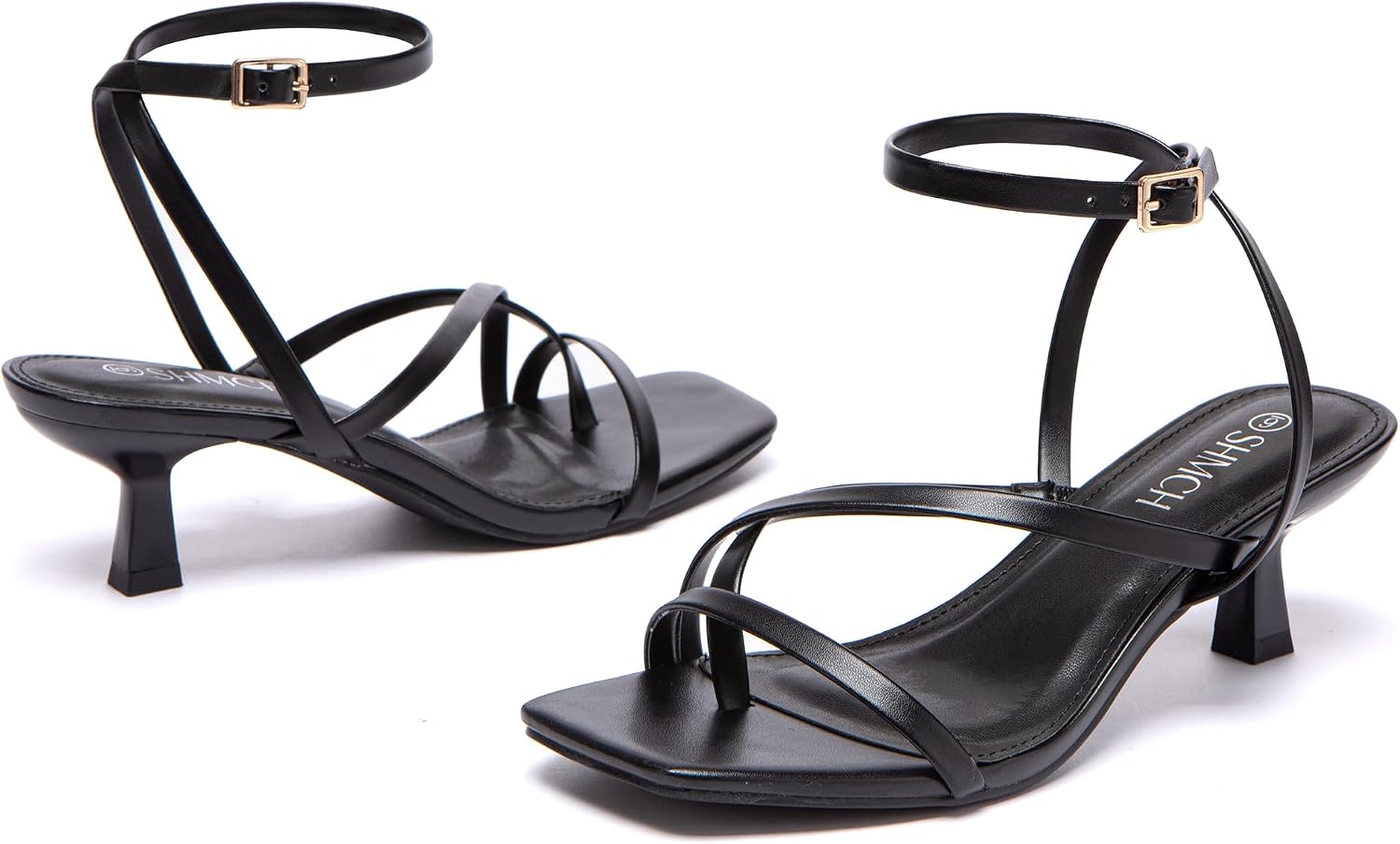 Thumbnail 6 de SHMCH Kitten Heels for Women Low Strappy Lace-Up Dress Sandals with Square Toe & Ankle Strap