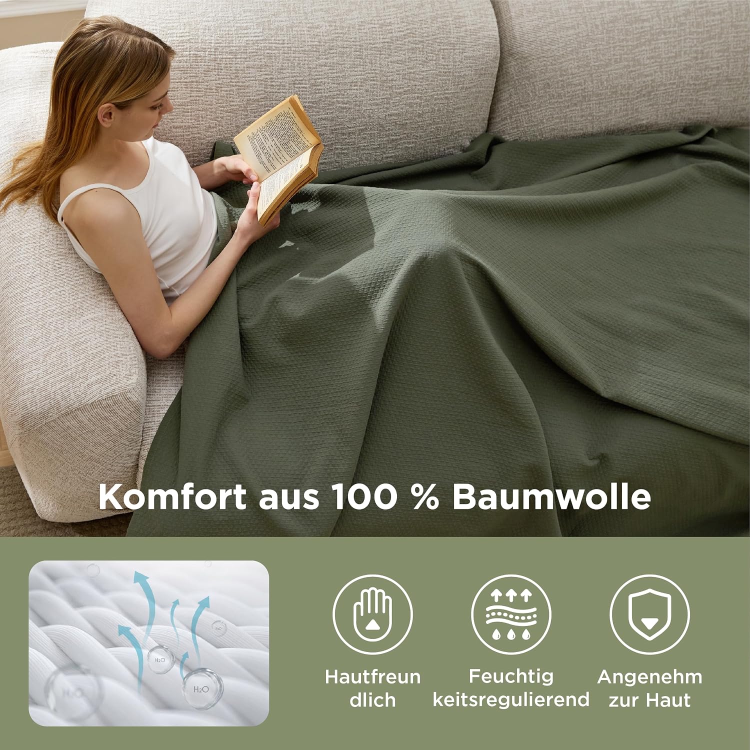 Detalle 2 de BEDSURE Tagesdecke aus 100% Baumwolle mit Rautenmuster – Hundedecke & Sofadecke, olivgrün, 150x200 cm