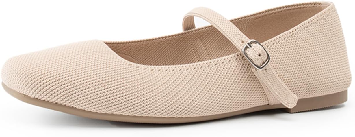 Detalle de Soesyi Knit Flats for Women: Square-Toe, Adjustable Ankle Strap Ballet Flats