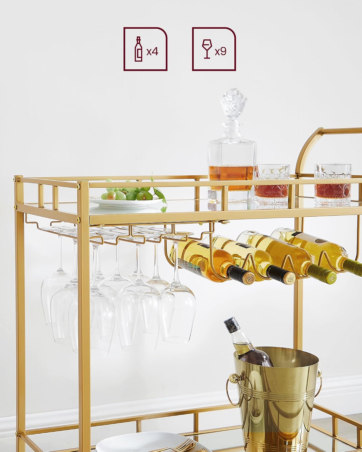 Thumbnail 5 de VASAGLE Baris LRC090A03 Drinks Trolley, 2-Tier Mirrored Glass, Antique Gold