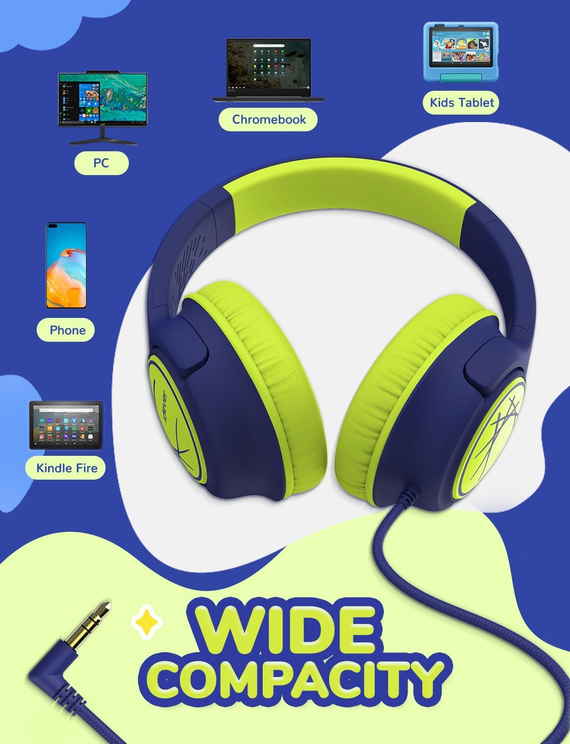 Thumbnail 5 de iClever Kinderkopfhörer mit Kabel (85 dBA) – faltbar, Stereo-Sound, 3,5-mm für iPad & Tablets, Blau-Grün