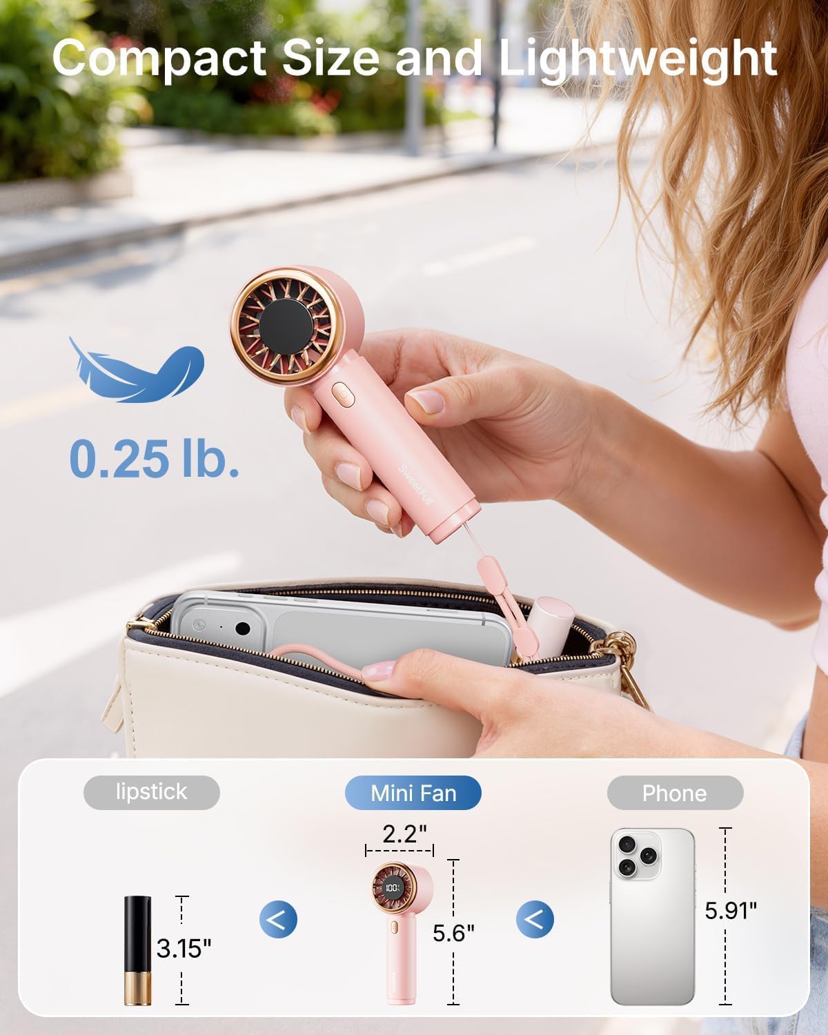 Detalle de SWEETFULL Mini Fan Portable - Pink Handheld Turbo Fan with 5 Speeds and 2000mAh Battery