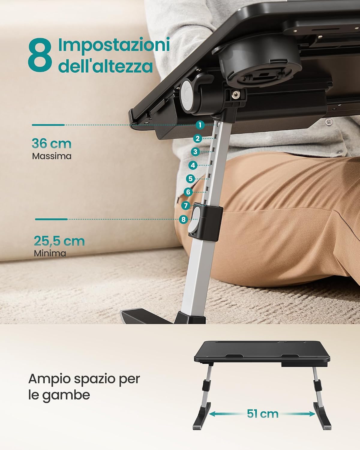 Detalle de SONGMICS Tavolino da Letto per PC, Scrivania Pieghevole: versatilità e comfort in un unico tavolo