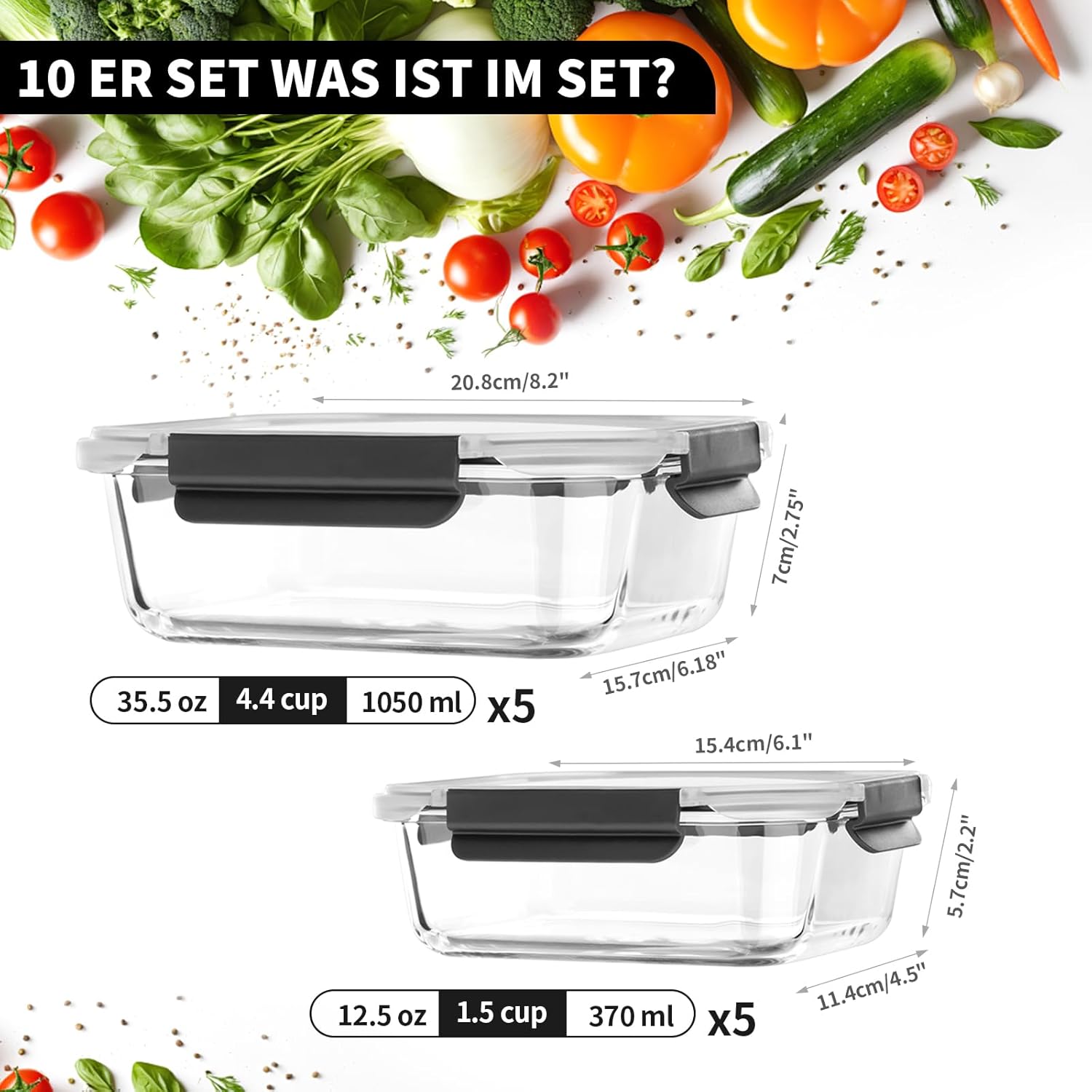 Thumbnail 1 de Fenger Brotdosen-Set aus Borosilikatglas mit Deckeln – 20-teilig (10× 370 ml + 10× 1.040 ml), auslaufsicher