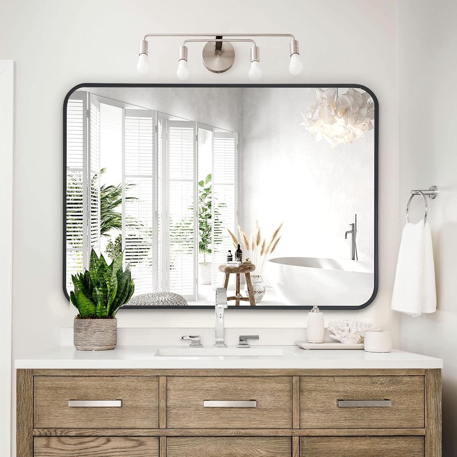 Detalle de COFENY 24 x 36 in Black Framed Bathroom Mirror, Rounded Corners