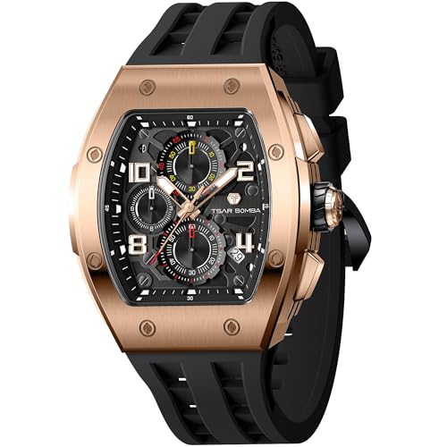 Detalle de TSAR BOMBA 8224 Series Men’s Watch – Tonneau, Black, Rose Gold, Sapphire Chronograph