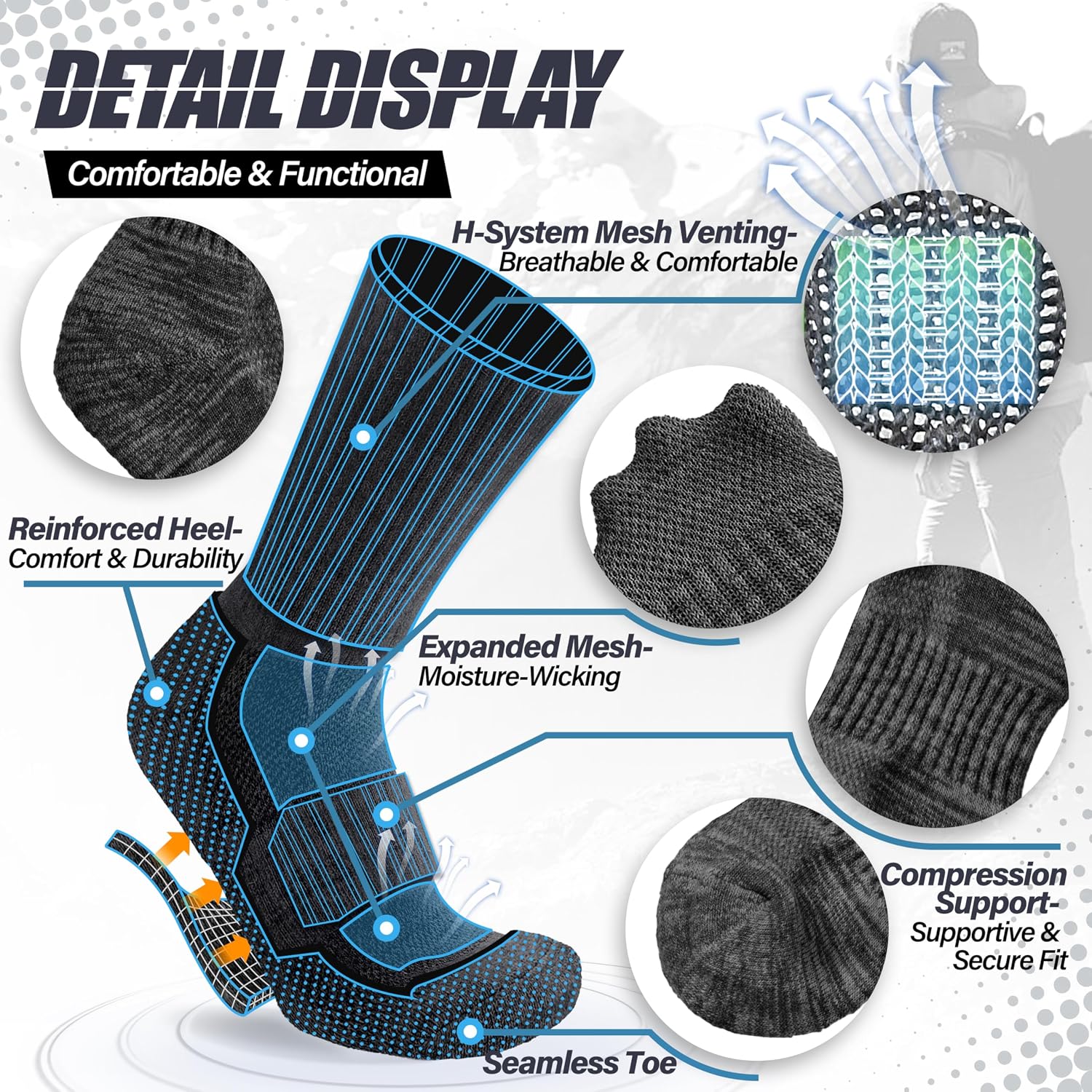 Detalle de ANTSANG Merino Wool Hiking Socks, 5 Pairs with Cushioning & Mesh Ventilation