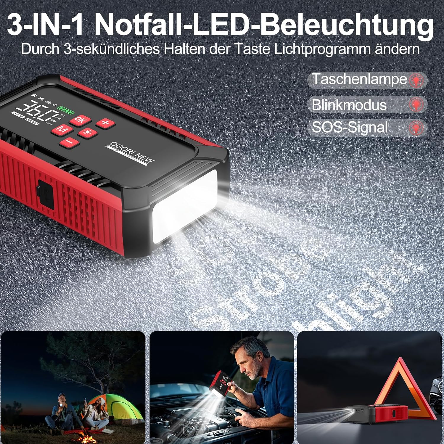 Detalle de OGORI NEW Starthilfe Powerbank 6000A mit 150 PSI Kompressor – All-in-One Notfallwerkzeug für Pkw, Motorräder und mehr