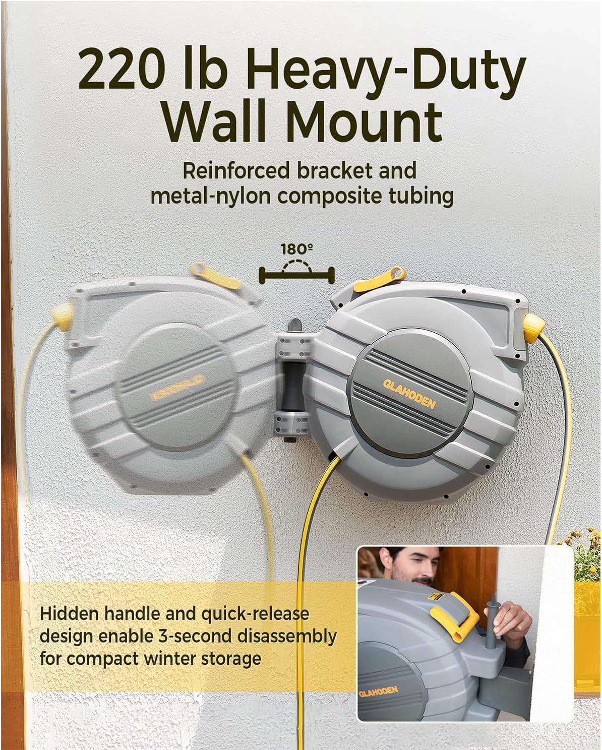 Thumbnail 6 de GLAHODEN Retractable Garden Hose Reel, 5/8 in x 100 ft Wall-Mount (UV-Resistant, 180° Swivel, Brass Fittings)