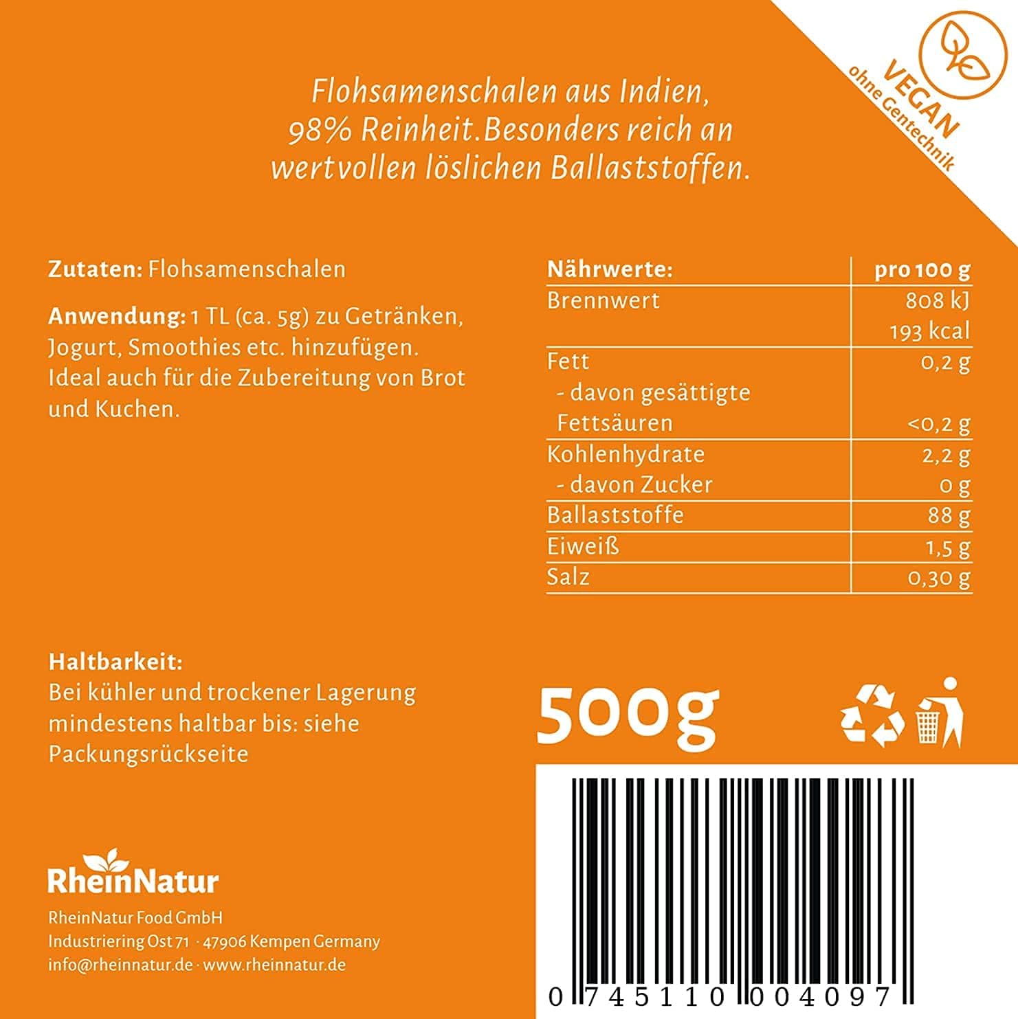 Detalle de RheinNatur biologisch psylliumschalenpoeder 500 g, fijn gemalen en 99% zuiver