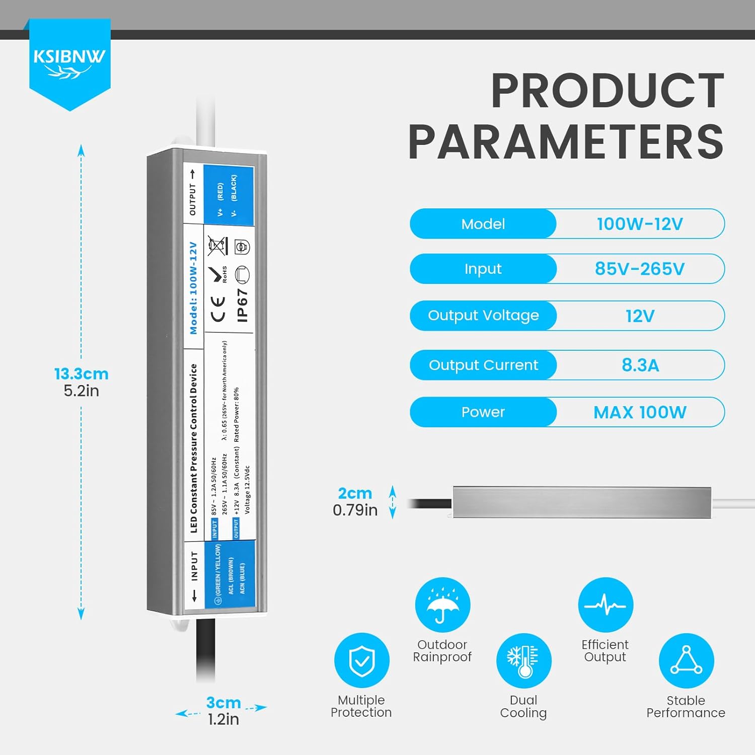 Thumbnail 5 de KSIBNW Trasformatore LED 12V 100W – Alimentatore Impermeabile IP67 (AC 220V to DC 12V 8,3A)