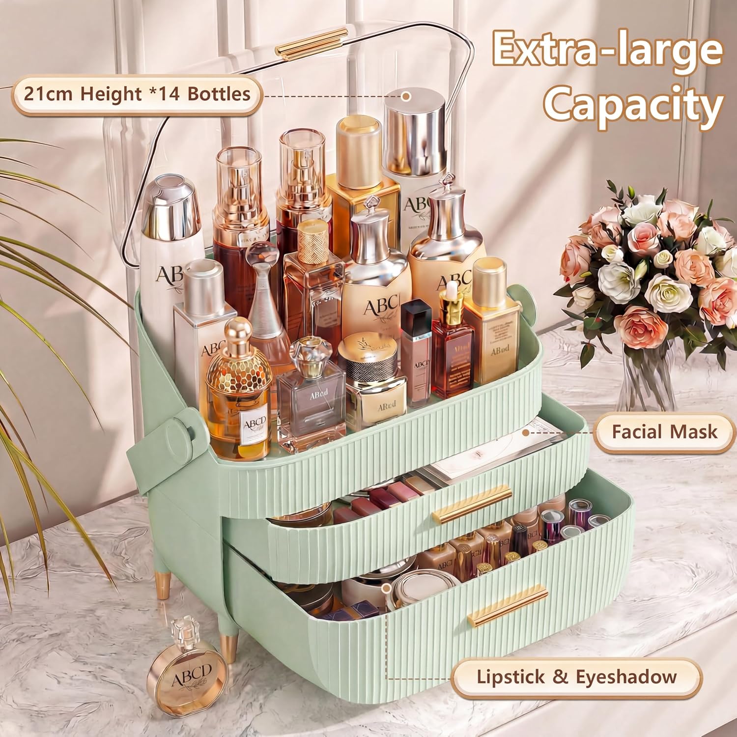 Detalle 2 de NestOrganix Makeup Organizer with Drawers, Transparent Dustproof Cover, Green
