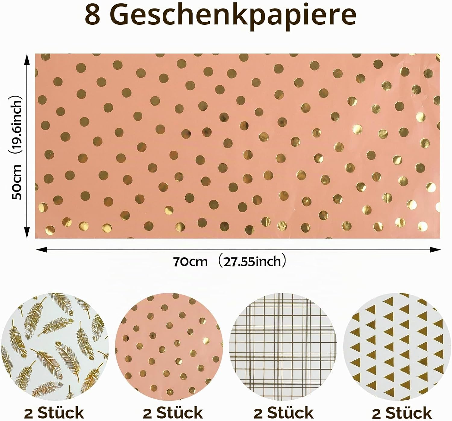 Detalle de KNJOMZIE Geschenkpapier Set 8 Blatt 70x50 cm – Weiß-Goldfolie, hochwertiges Kupferpapier