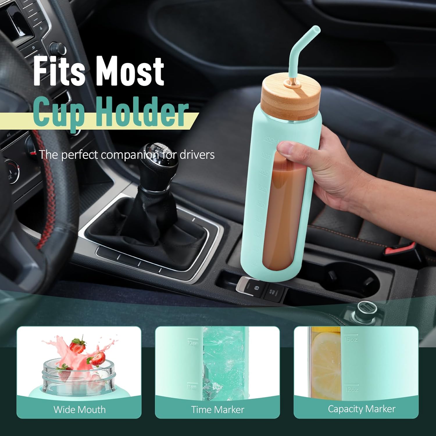 Thumbnail 2 de BLUEGO 900ML Bouteille en verre avec double couvercle et marqueur de temps – Gourde réutilisable bleue claire