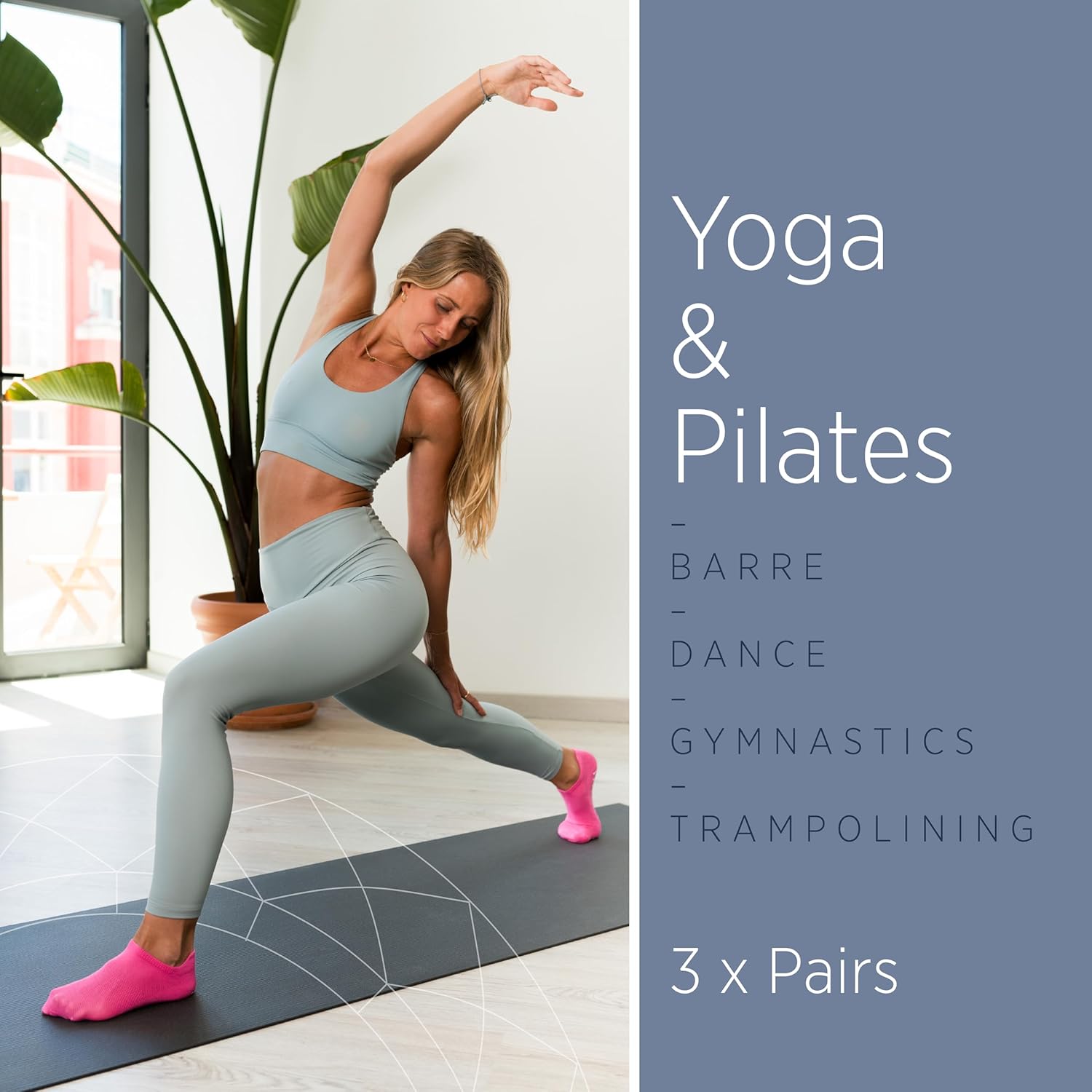 Thumbnail 5 de 3 Pairs Non-Slip Yoga Pilates Socks (Full Toe, Ankle Grip) – UK 4–8 / EU 37–42