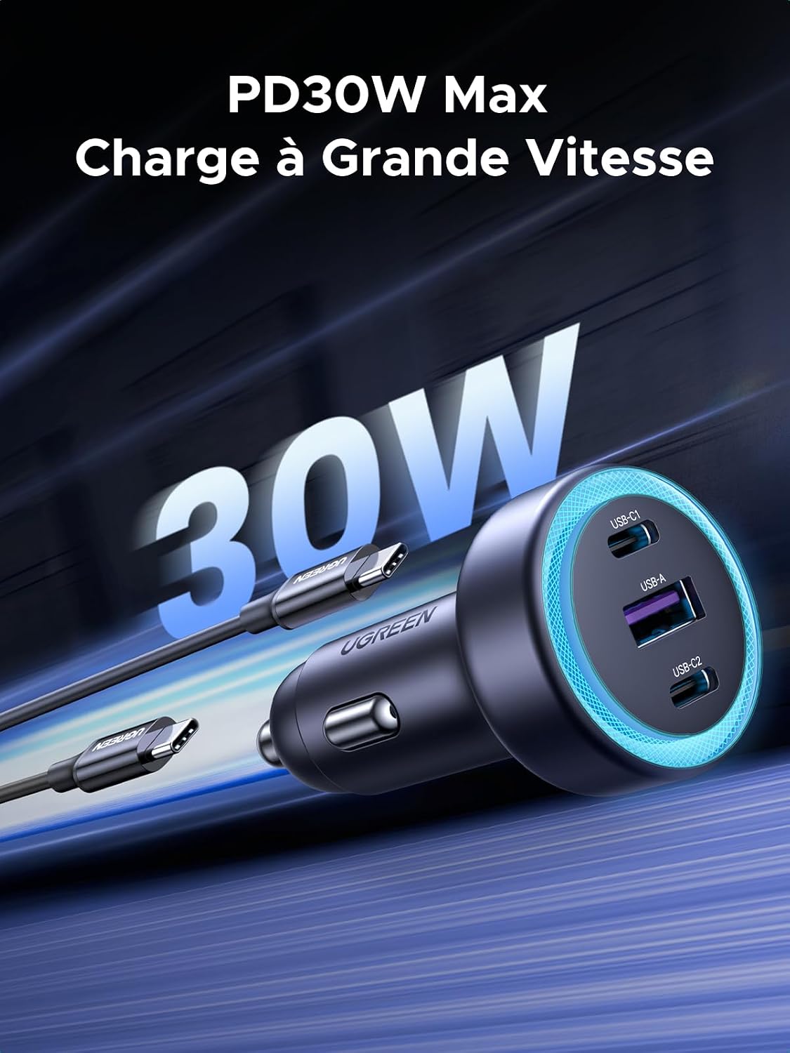 Thumbnail 1 de UGREEN Chargeur Allume-Cigare USB-C 30W 3 Ports — Charge Rapide et Sécurisé pour Voiture