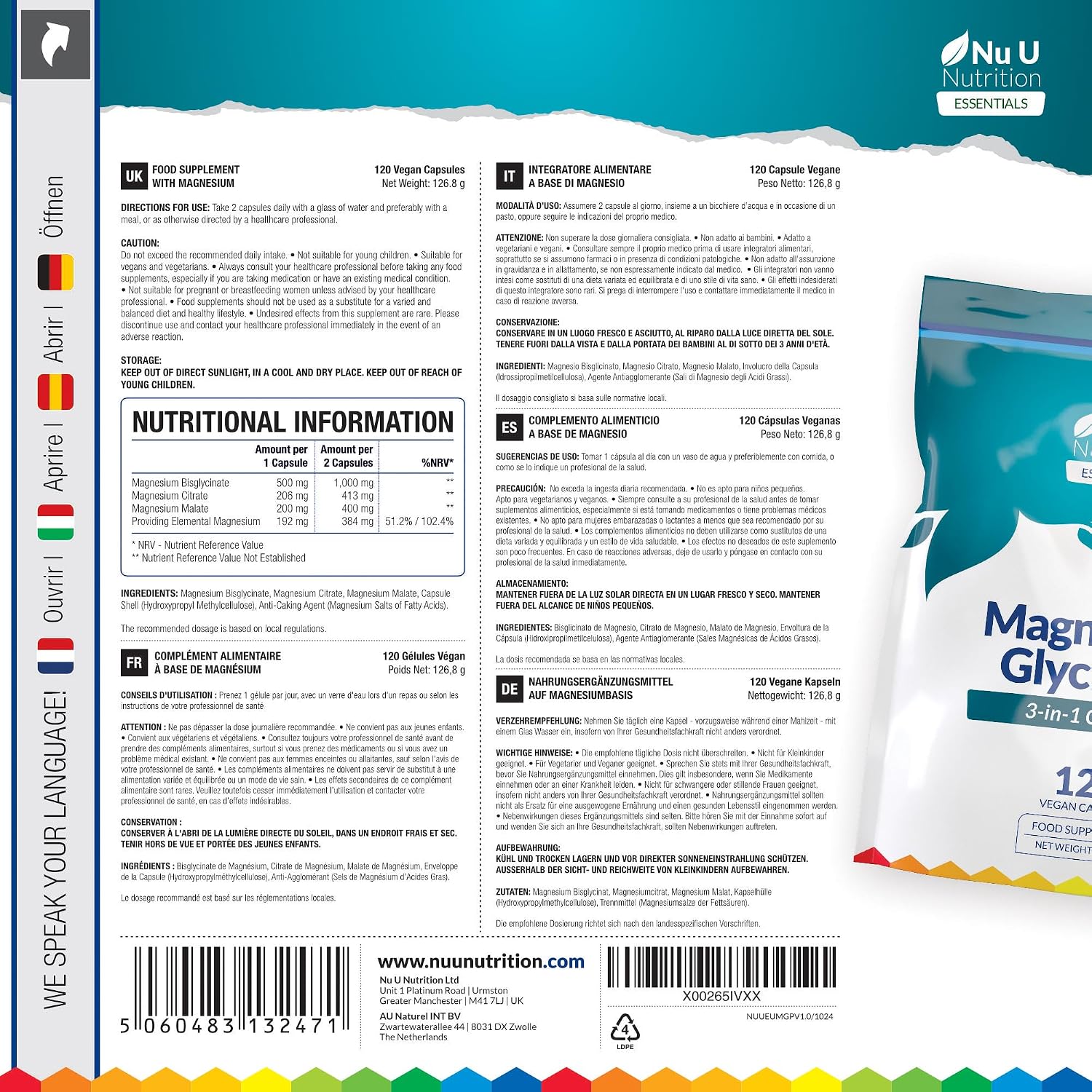 Detalle de Nu U Nutrition Magnésium Glycinate 3-en-1 Complex 1813 mg - 120 capsules