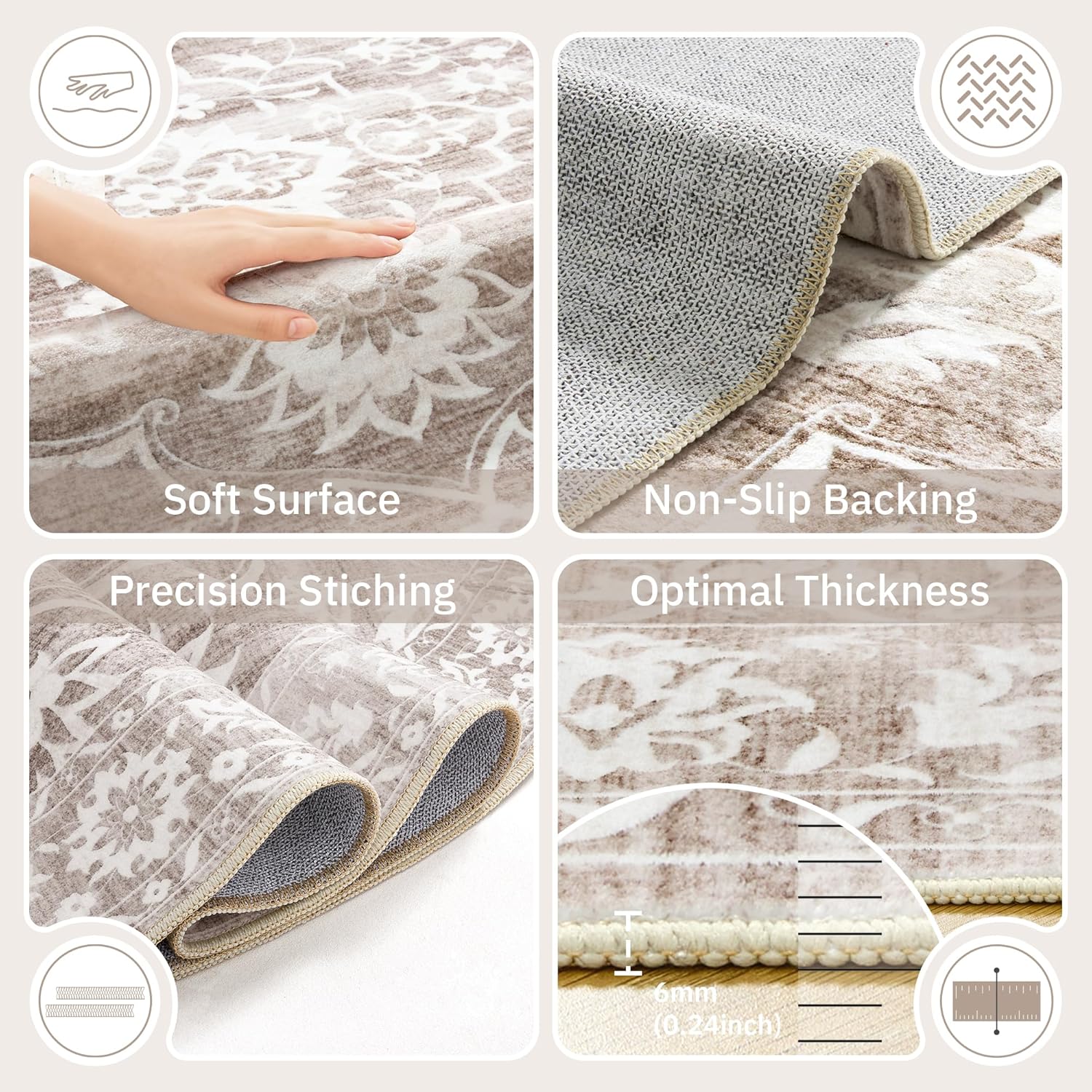 Thumbnail 5 de Soalmost Washable Round Rug 8ft: Soft, Non-Slip Floral Circle Carpet for Living Room